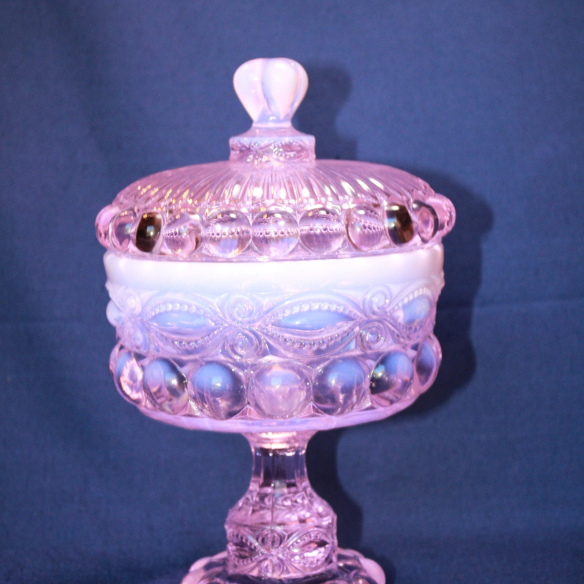 Mosser Glass Eye Winker Covered Candy Dish in Pink Opal, 10 1/4" High by 6" Wide, Comport or Footed Bowl
