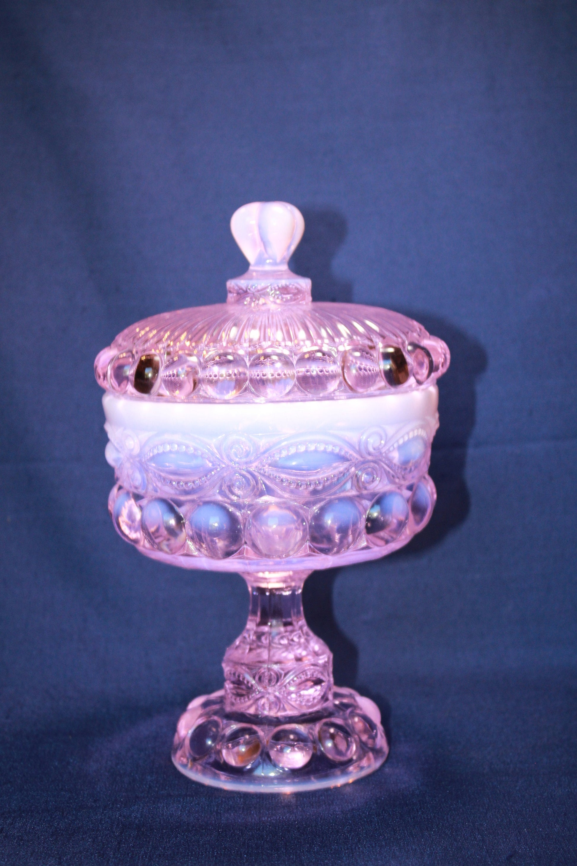 Mosser Glass Eye Winker Covered Candy Dish in Pink Opal, 10 1/4" High by 6" Wide, Comport or Footed Bowl