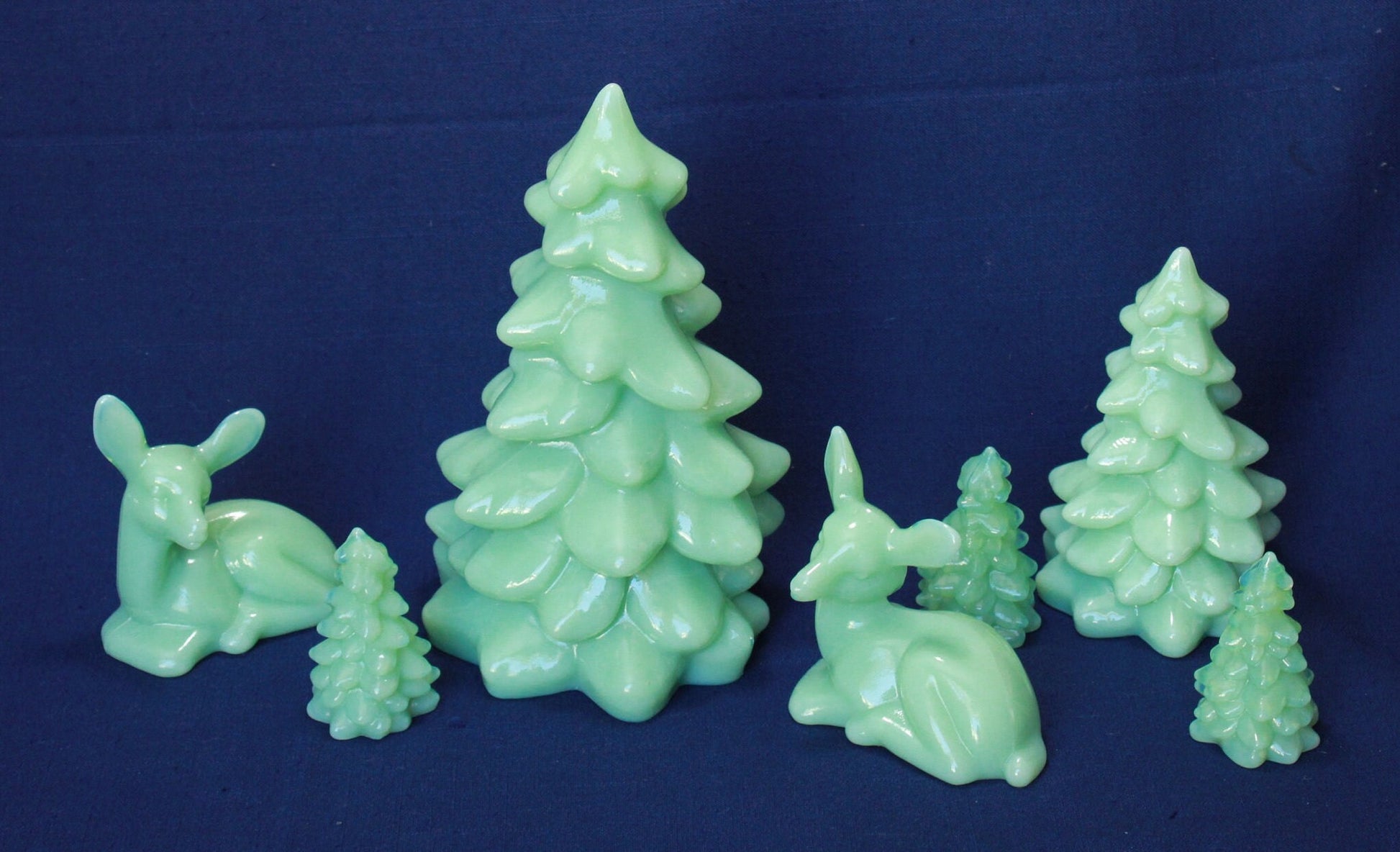 10 Pieces of JADEITE, Set of 7 Trees and Deer, Both Standing and Kneeling Santa, Jadeite Sleigh by Mosser Glass