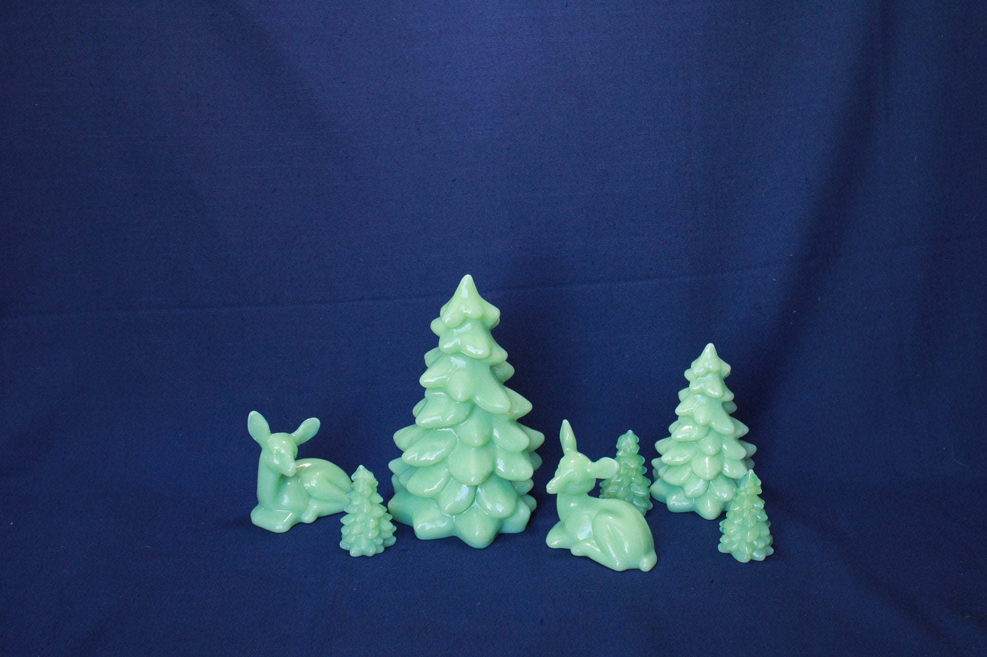 10 Pieces of JADEITE, Set of 7 Trees and Deer, Both Standing and Kneeling Santa, Jadeite Sleigh by Mosser Glass