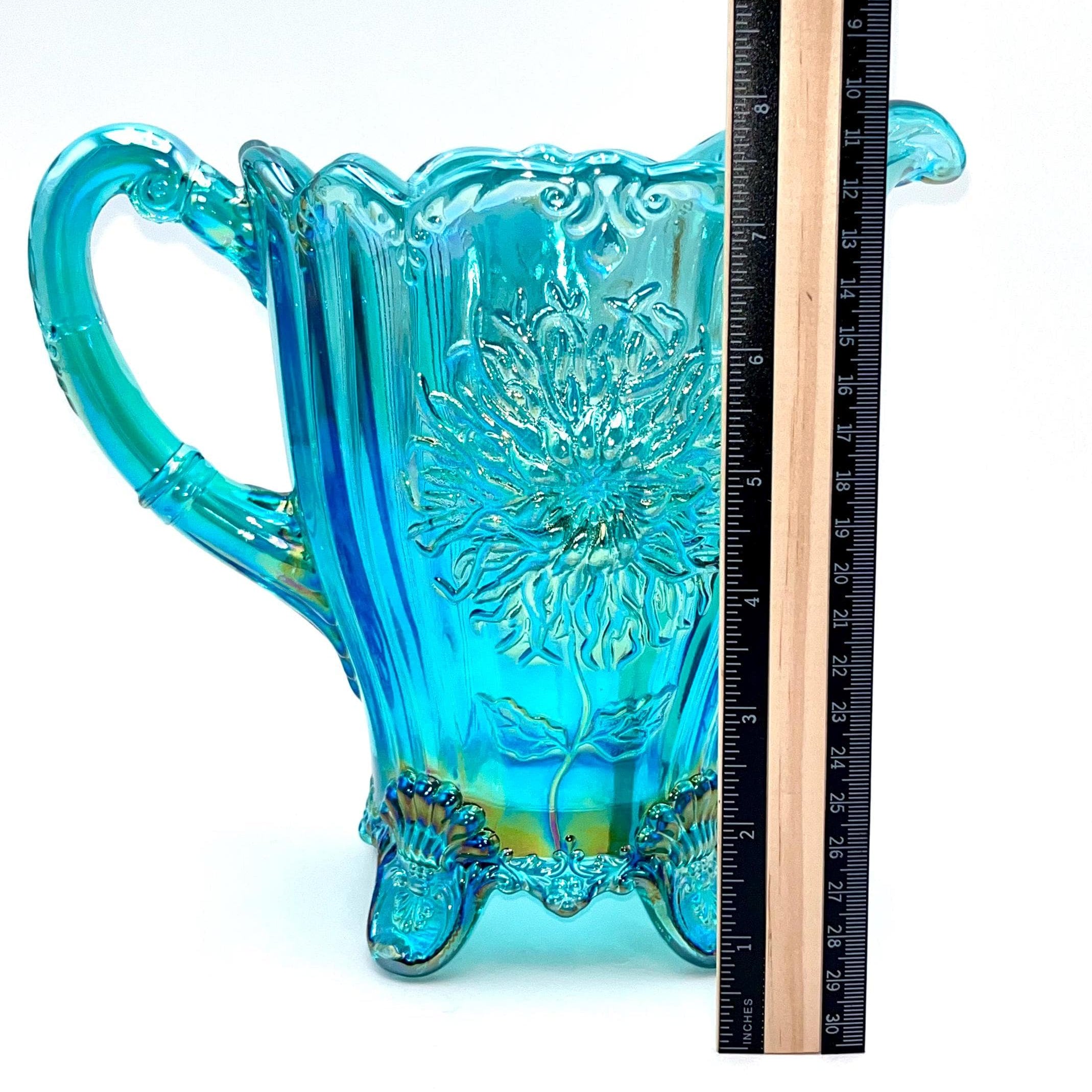 Dahlia Pitcher Teal Carnival by Mosser Glass 8" High and Holds 48 oz To The Rim