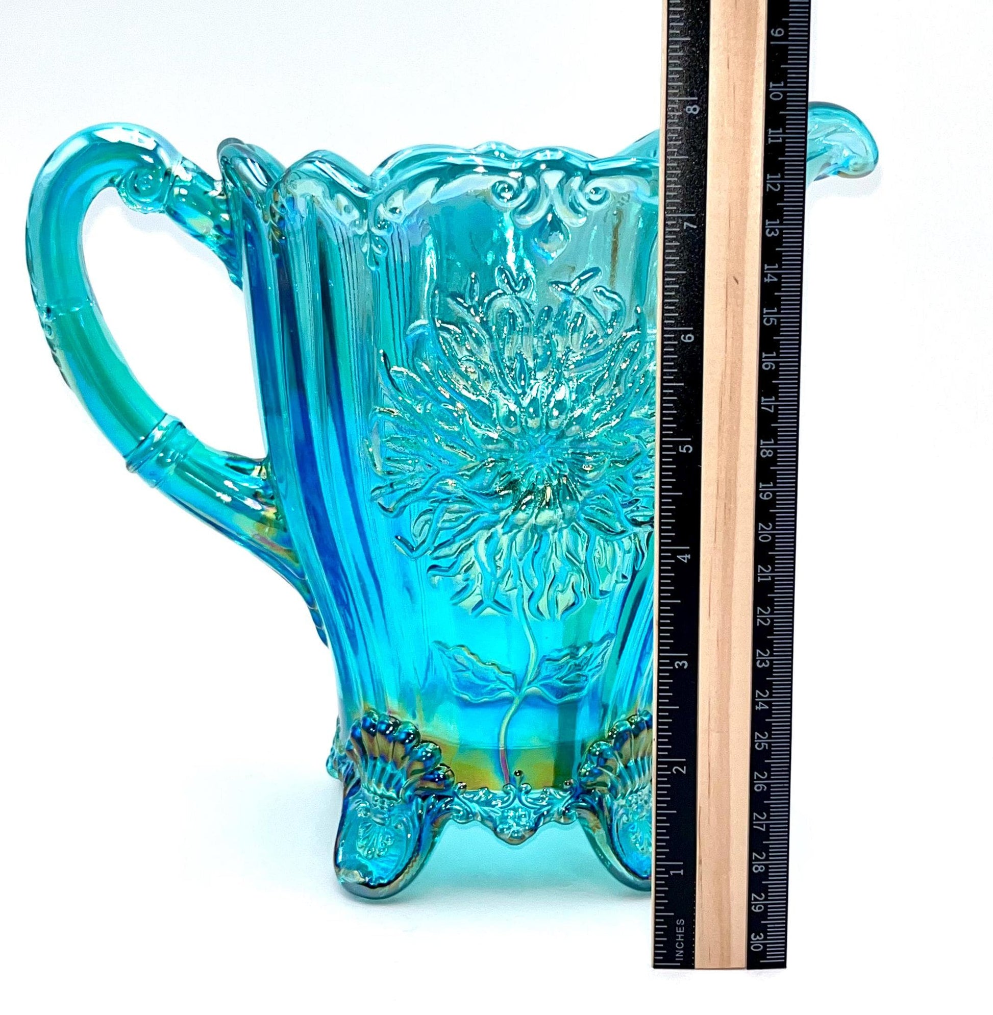 Dahlia Pitcher Teal Carnival by Mosser Glass 8" High and Holds 48 oz To The Rim