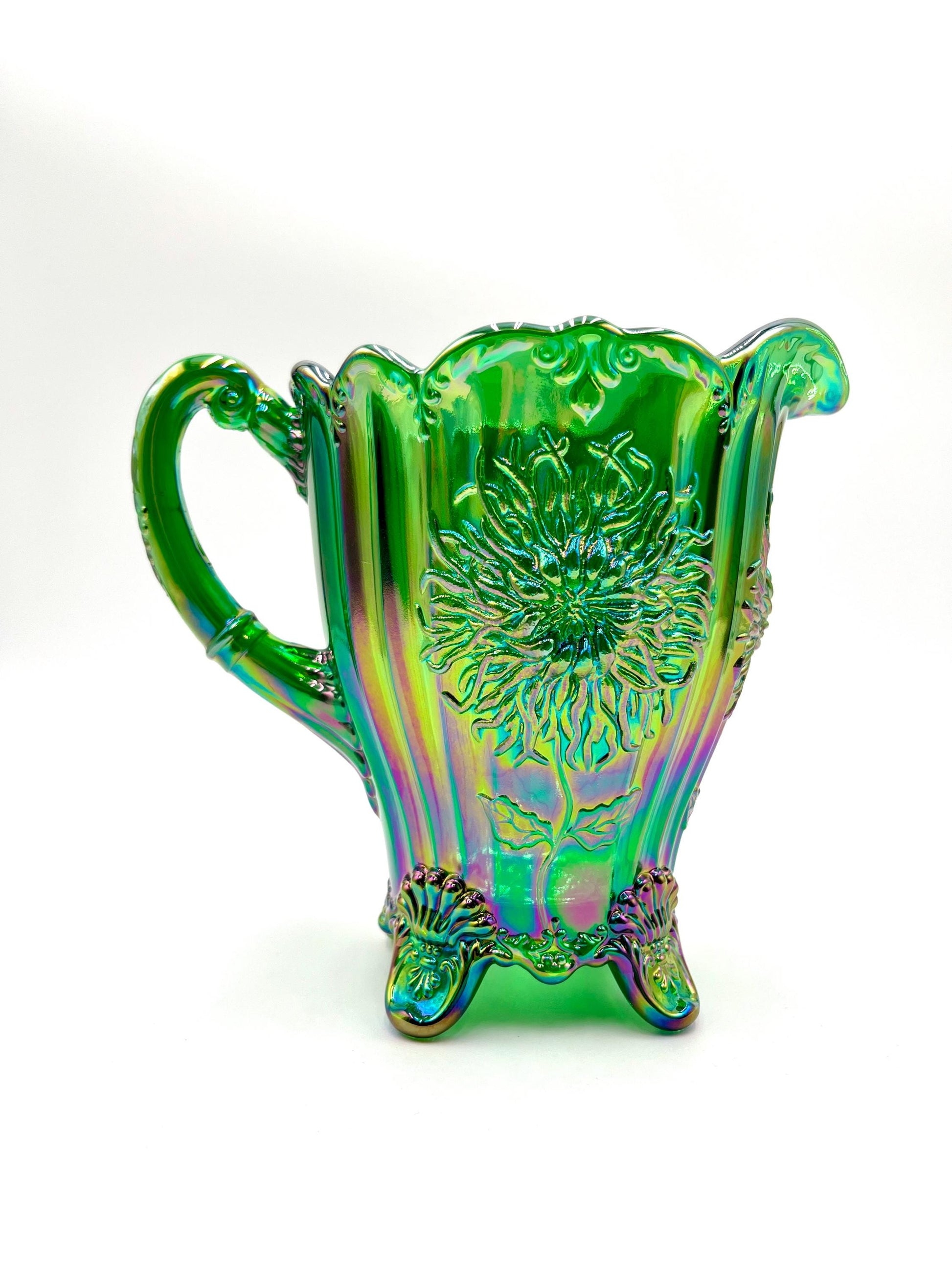 Dahlia Pitcher Hunter Green Carnival by Mosser Glass