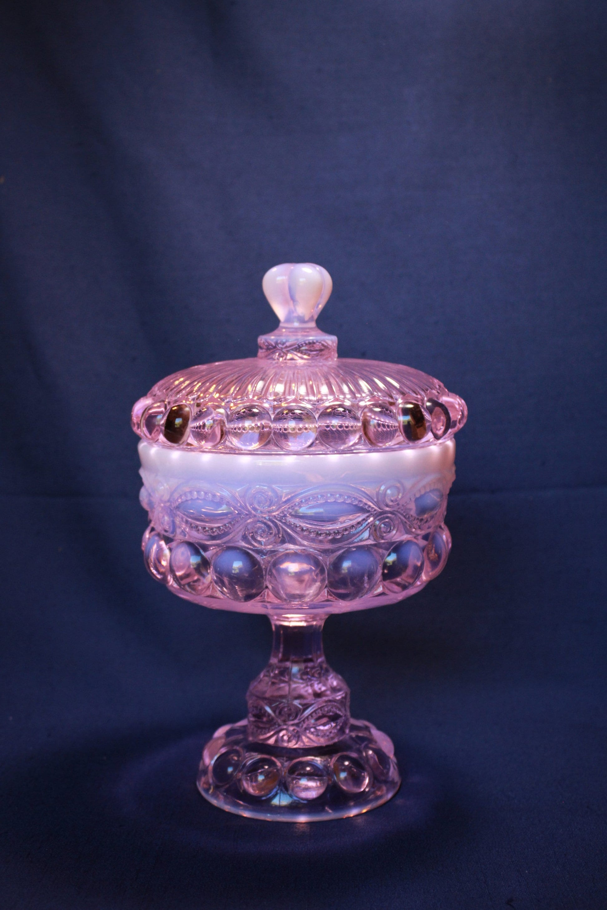 Mosser Glass Eye Winker Covered Candy Dish in Pink Opal, 10 1/4" High by 6" Wide, Comport or Footed Bowl