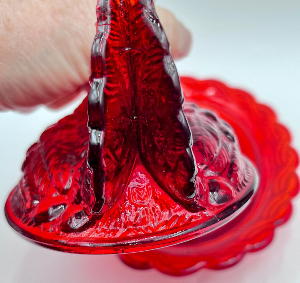 Mosser Red Hen on Nest Glows under UV Candy Dish 4" high, 6 5/8" long and 5 1/2" wide Marked Mosser Glass