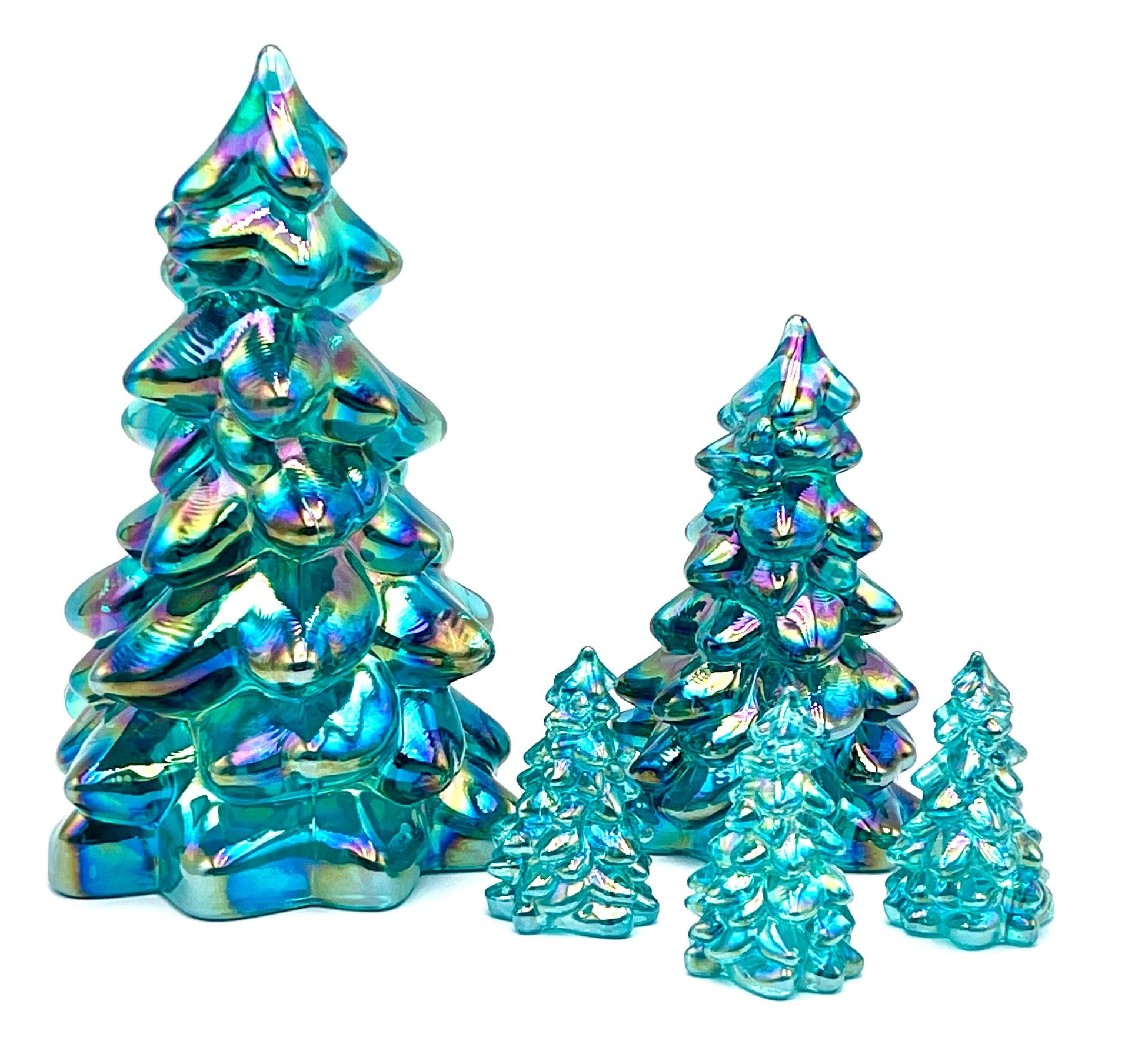 Mosser Glass Trees Teal Carnival Set of 5 Trees, 1 Large, 1 Medium and 3 Small Tree Collection Pressed Glass Pine Tree