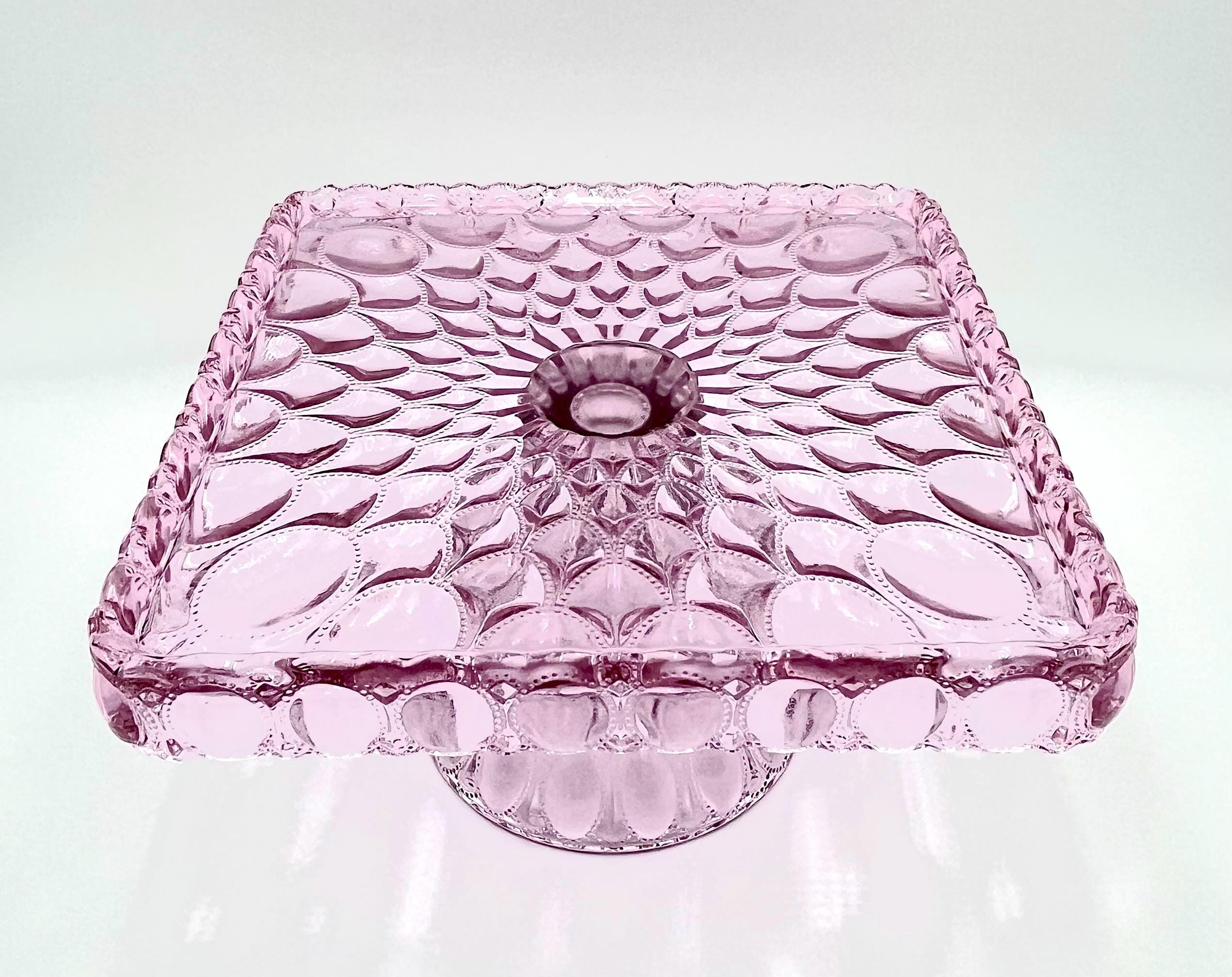 Mosser Pink Cake Stand or Cake Plate 10" Square Elizabeth Quilted Pedestal Cake Plate Wedding, Shower, Cupcakes