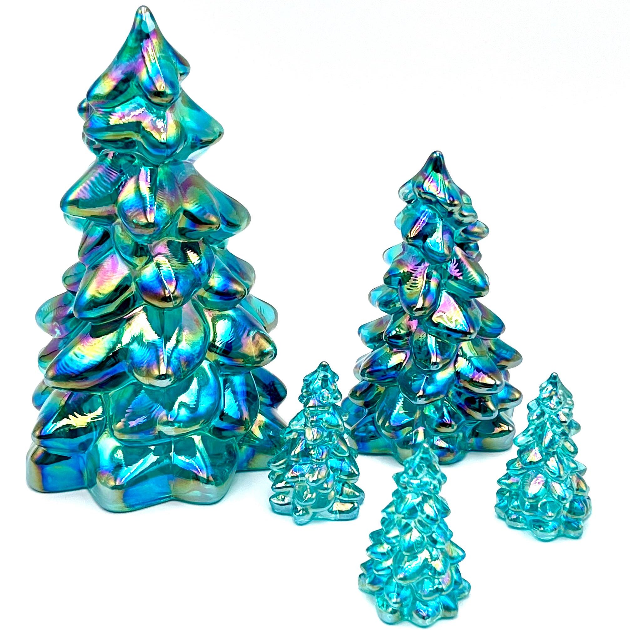 Mosser Glass Trees Teal Carnival Set of 5 Trees, 1 Large, 1 Medium and 3 Small Tree Collection Pressed Glass Pine Tree