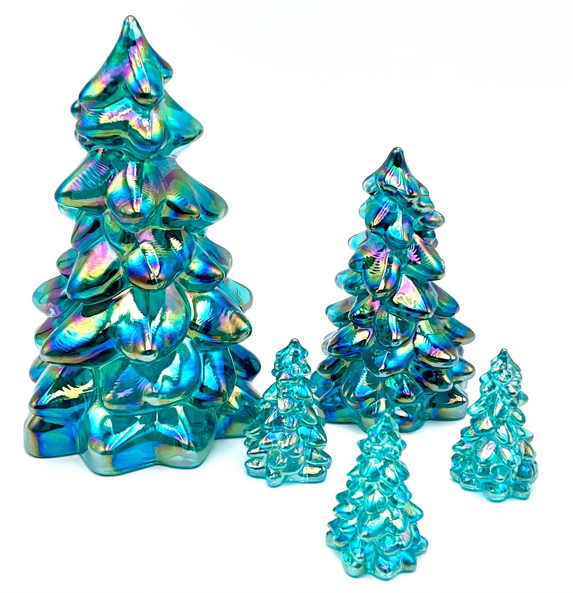 Mosser Glass Trees Teal Carnival Set of 5 Trees, 1 Large, 1 Medium and 3 Small Tree Collection Pressed Glass Pine Tree