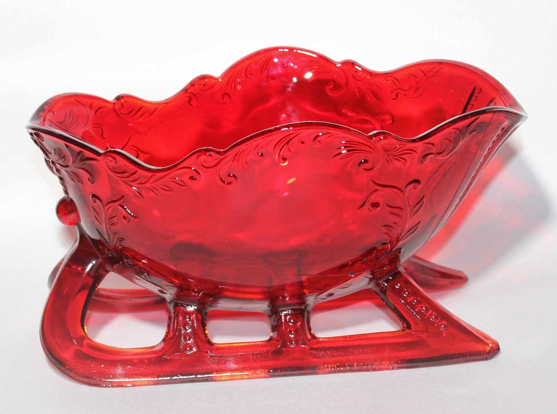 Mosser Glass Red Sleigh 9-1/4" Long by 6" Wide, Ruby Red Horse Drawn Sleigh