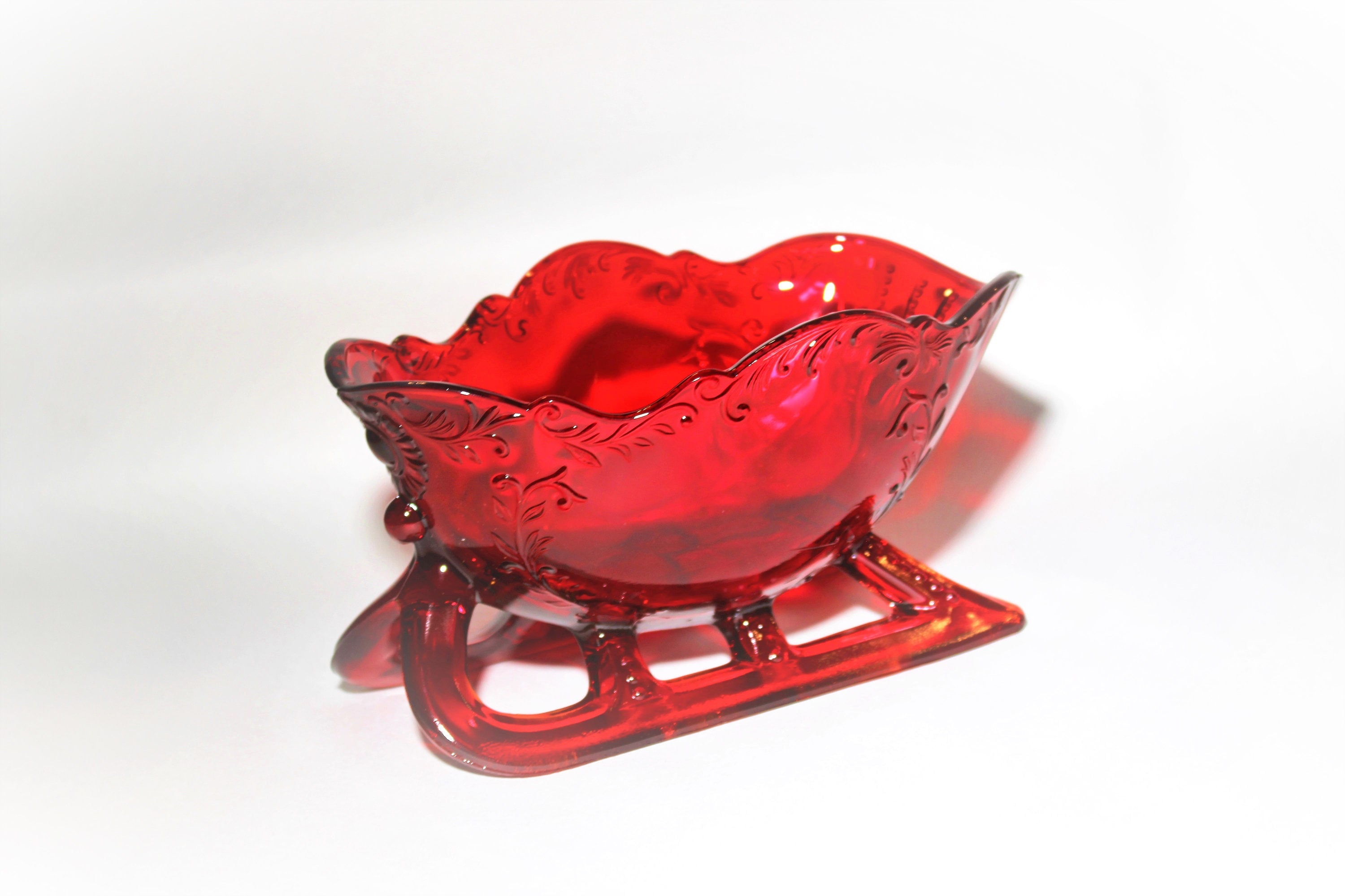 Mosser Glass Red Sleigh 9-1/4" Long by 6" Wide, Ruby Red Horse Drawn Sleigh
