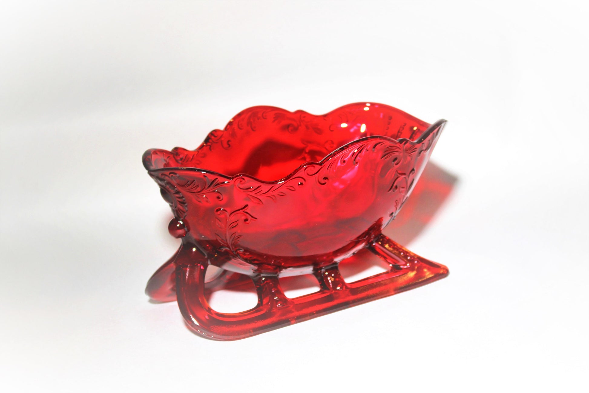 Mosser Glass Red Sleigh 9-1/4" Long by 6" Wide, Ruby Red Horse Drawn Sleigh