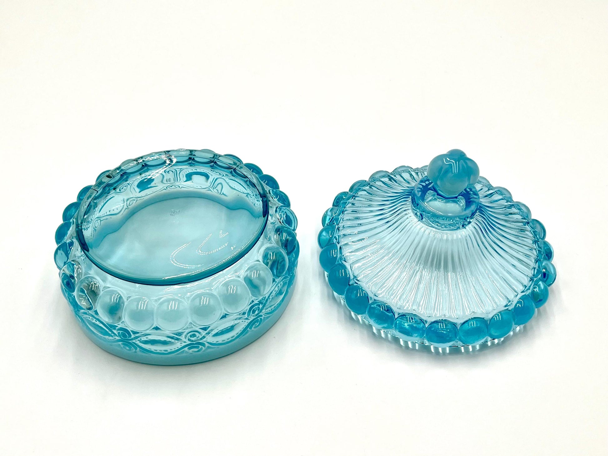 Mosser Glass Eye Winker Covered Candy or Nut Dish Blue Opal, Eye Winkler