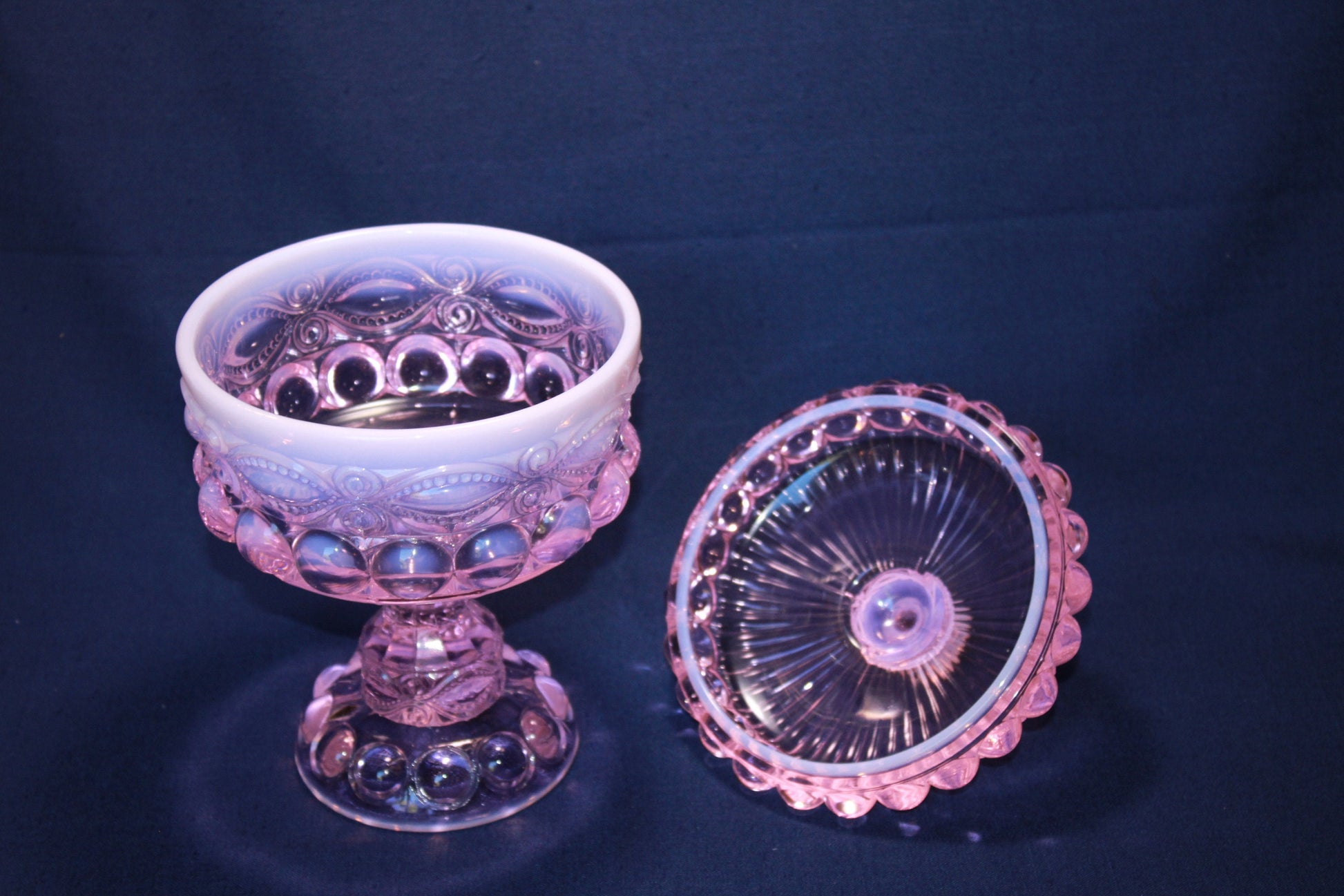 Mosser Glass Eye Winker Covered Candy Dish in Pink Opal, 10 1/4" High by 6" Wide, Comport or Footed Bowl