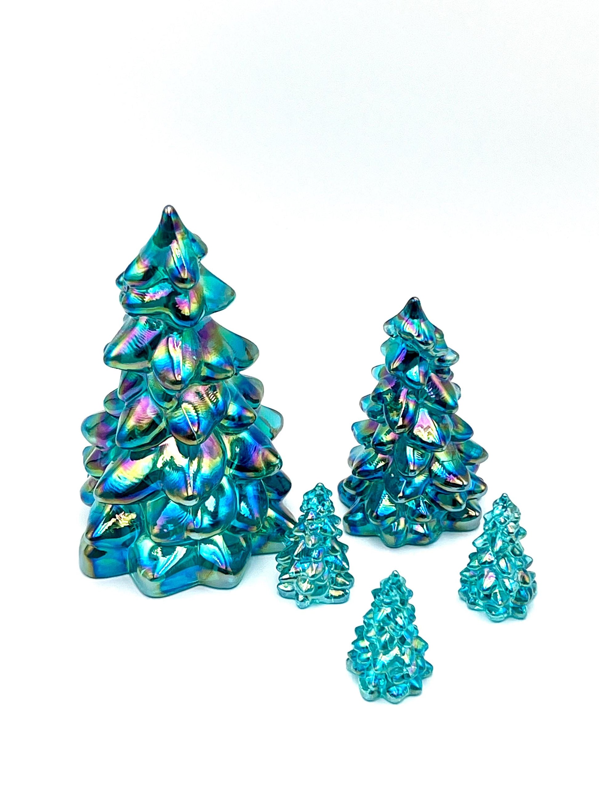 Mosser Glass Trees Teal Carnival Set of 5 Trees, 1 Large, 1 Medium and 3 Small Tree Collection Pressed Glass Pine Tree