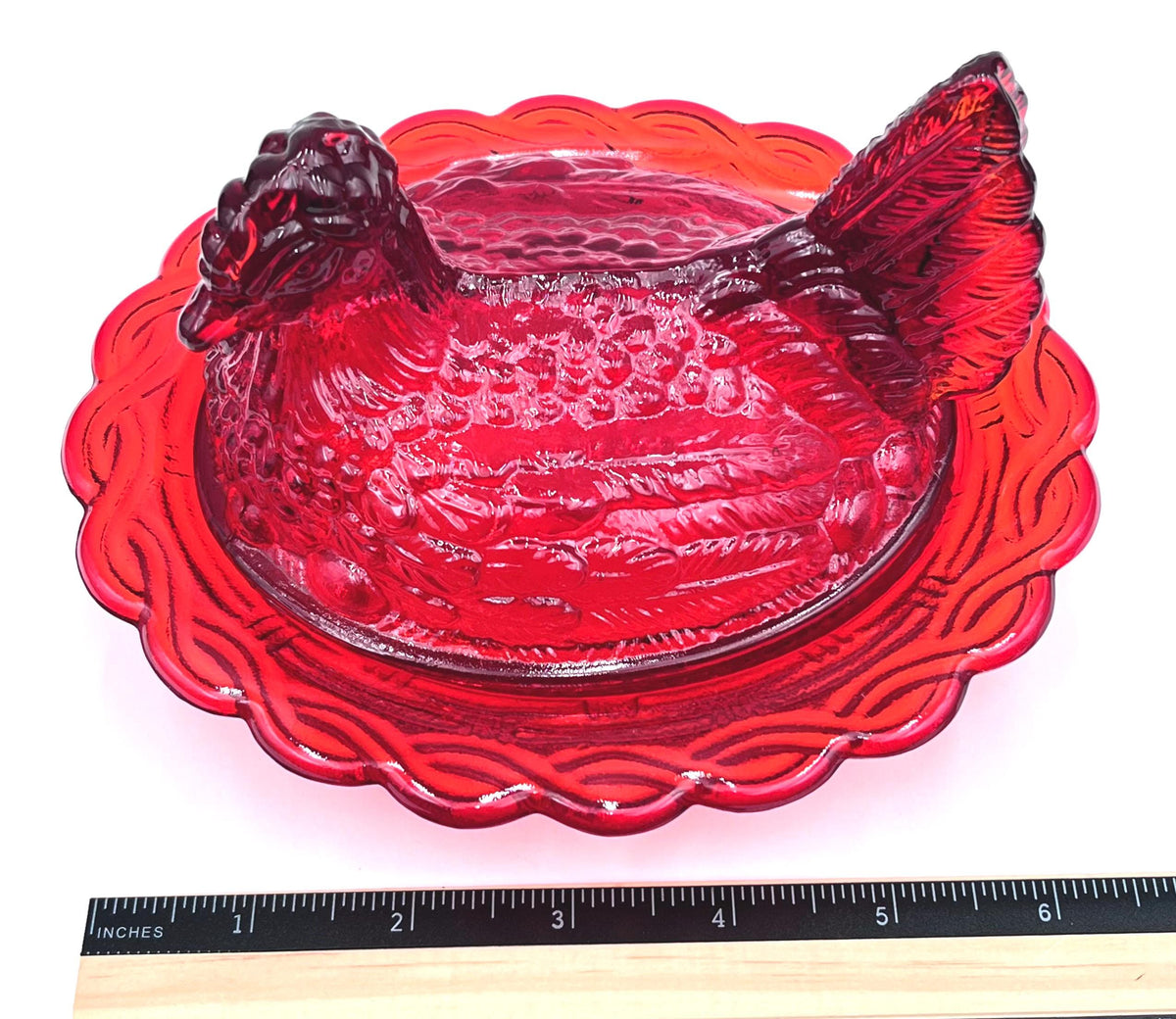 Mosser Red Hen on Nest Glows under UV Candy Dish 4" high, 6 5/8" long and 5 1/2" wide Marked Mosser Glass