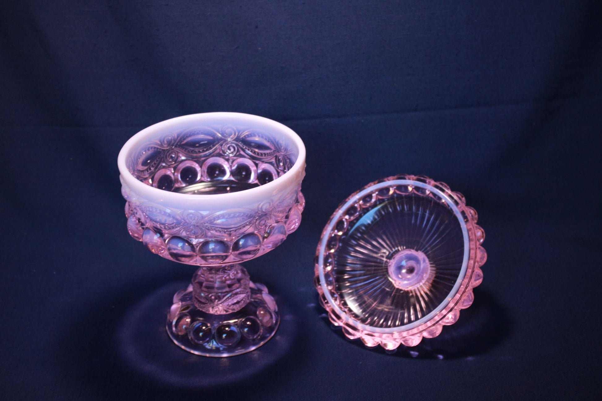 Mosser Glass Eye Winker Covered Candy Dish in Pink Opal, 10 1/4" High by 6" Wide, Comport or Footed Bowl