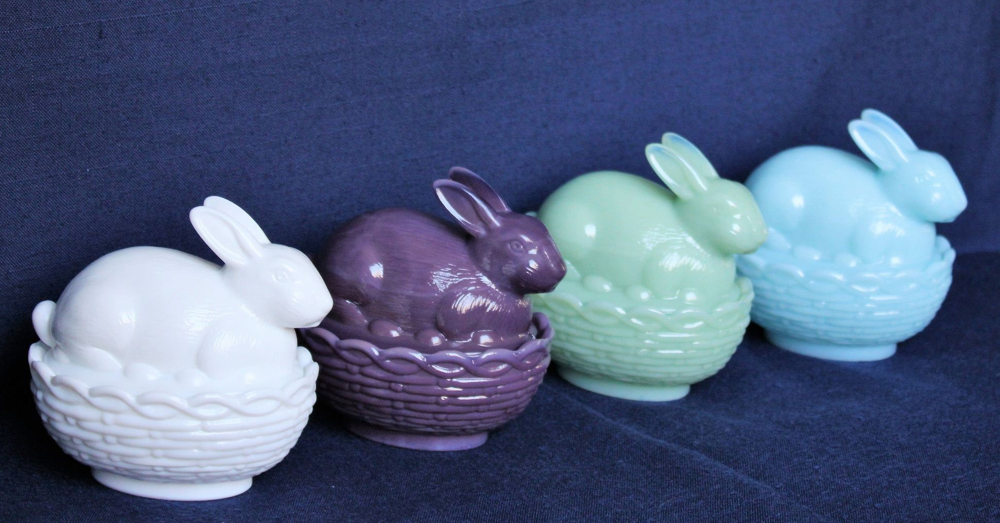 Mosser Bunny Covered Dish, 3-3/4" High 4" Long, Choice of Colors: Jadeite, Milk Glass, Purple, Pink, Teal, Eggplant