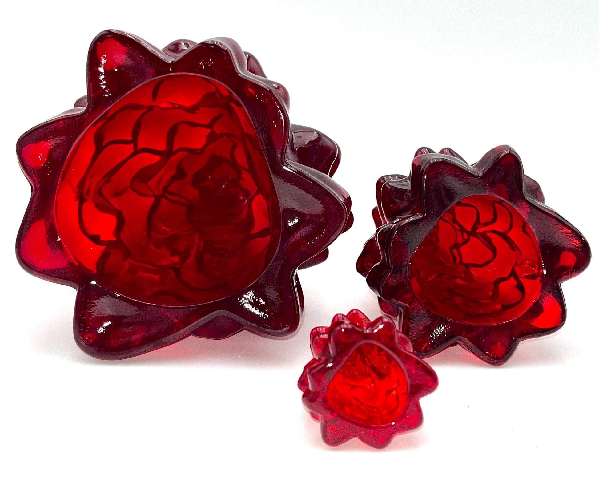 Mosser Red Trees, Set of 3 Trees, 8" Tree, 5-1/2" and 2-1/2" Hand Pressed Glass Pine Tree