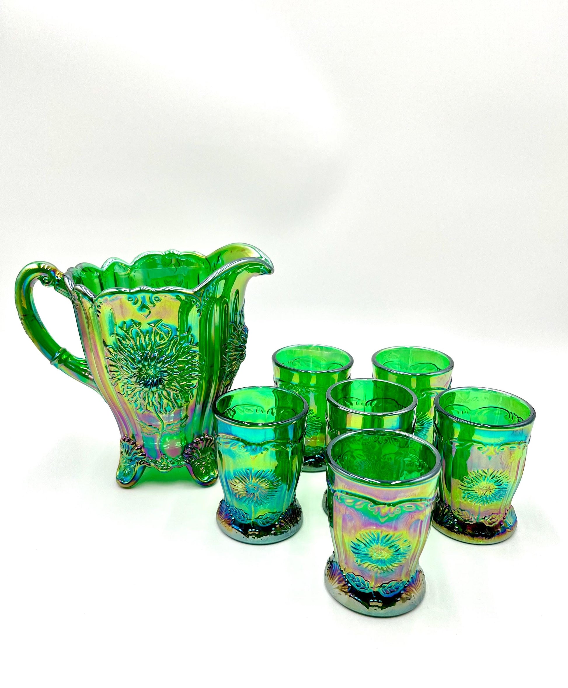Dahlia Pitcher Hunter Green Carnival by Mosser Glass