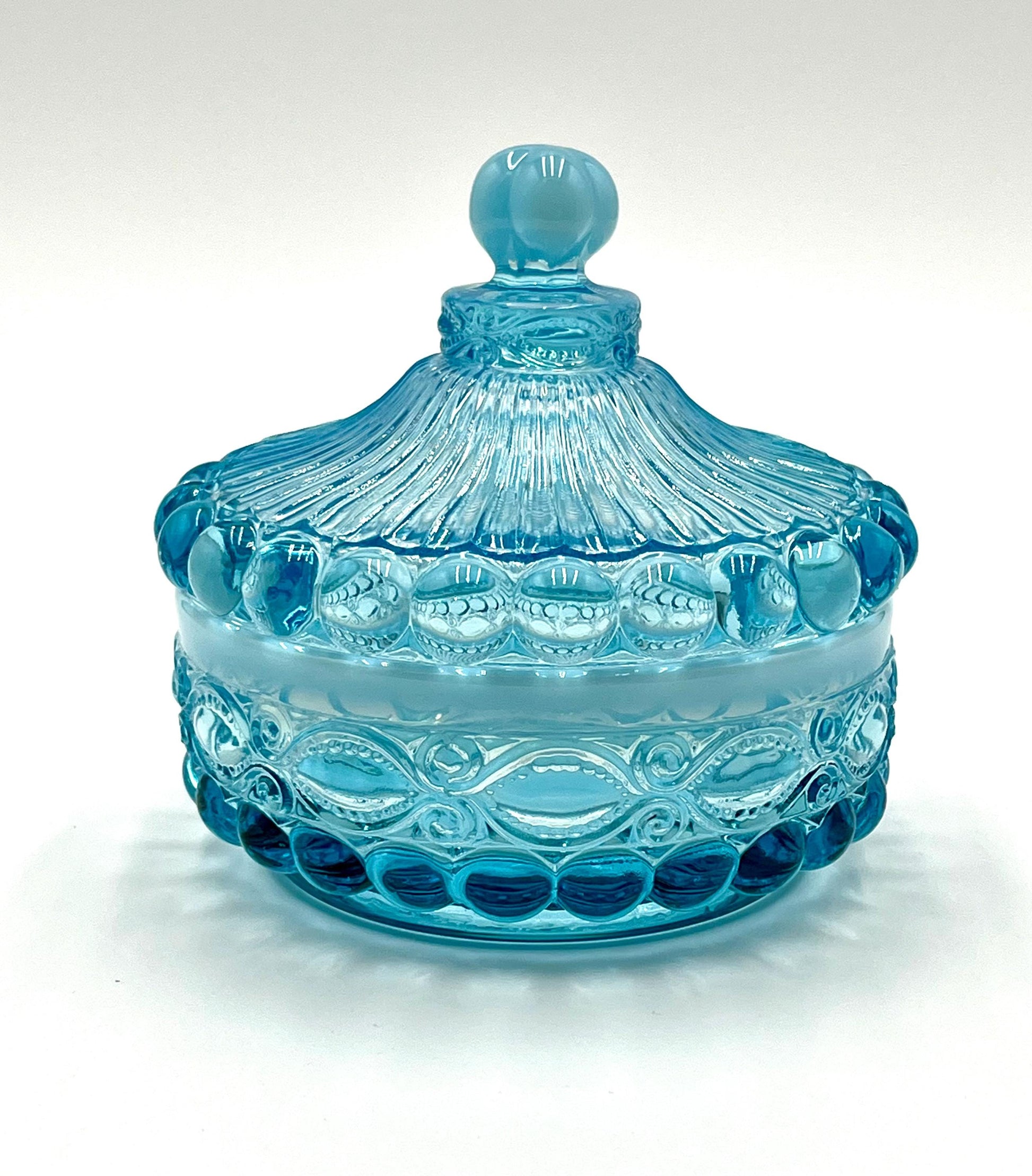 Mosser Glass Eye Winker Covered Candy or Nut Dish Blue Opal, Eye Winkler