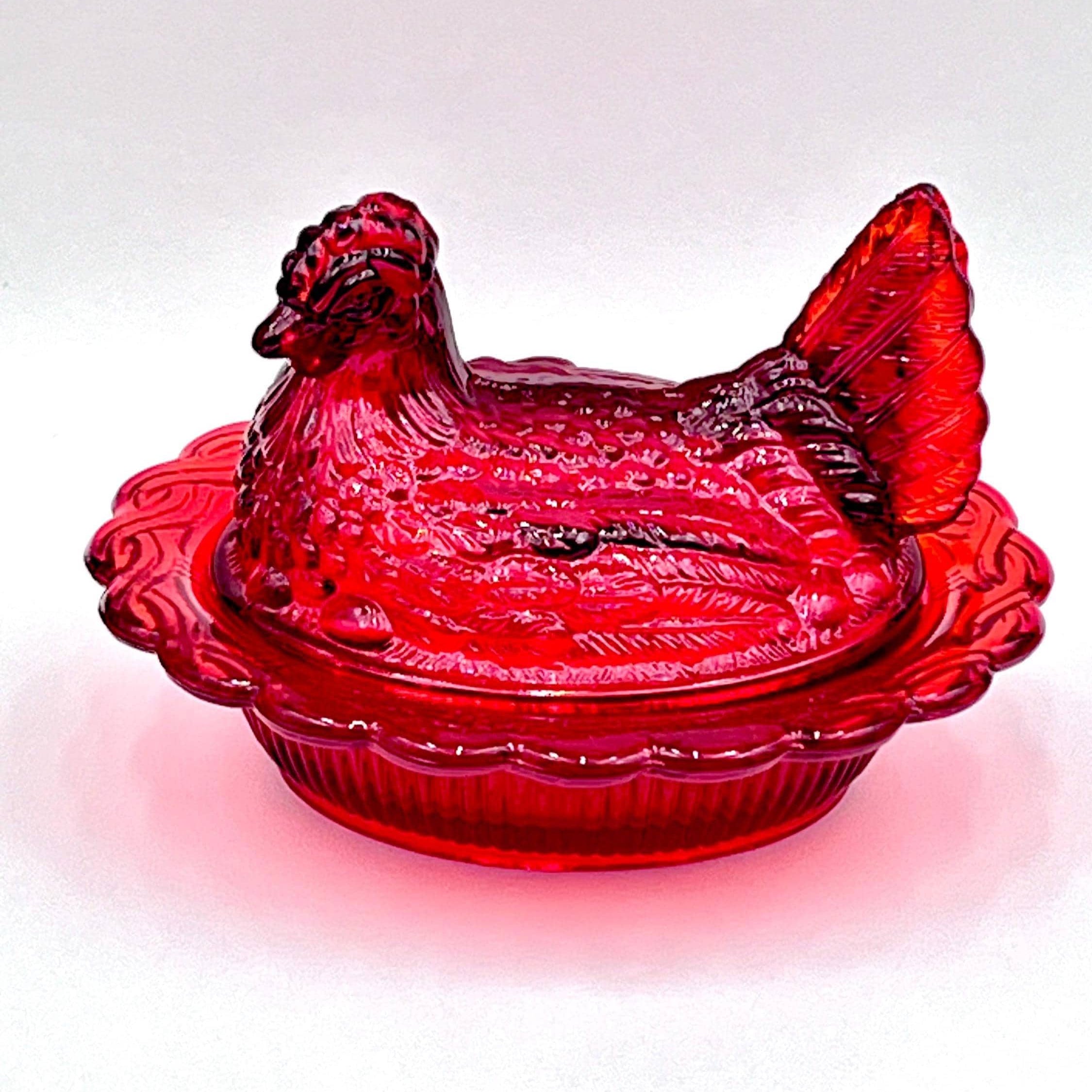Mosser Red Hen on Nest Glows under UV Candy Dish 4" high, 6 5/8" long and 5 1/2" wide Marked Mosser Glass