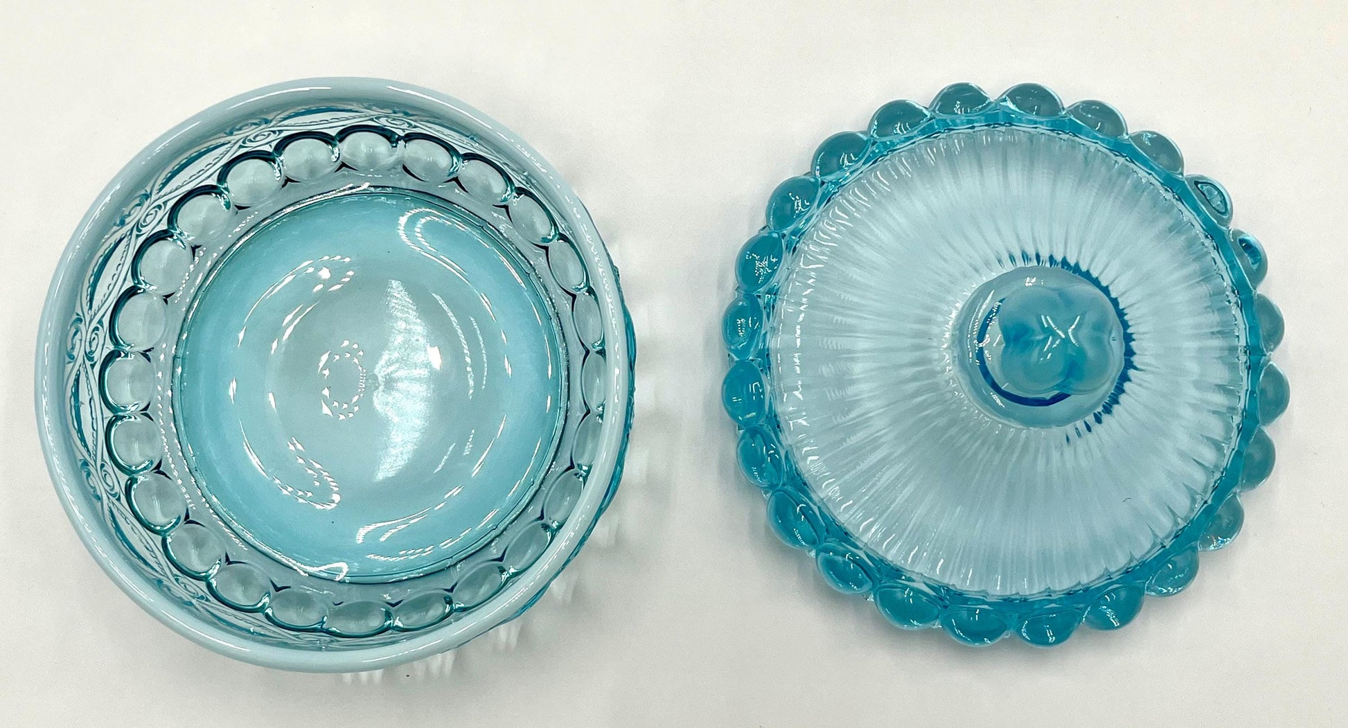 Mosser Glass Eye Winker Covered Candy or Nut Dish Blue Opal, Eye Winkler