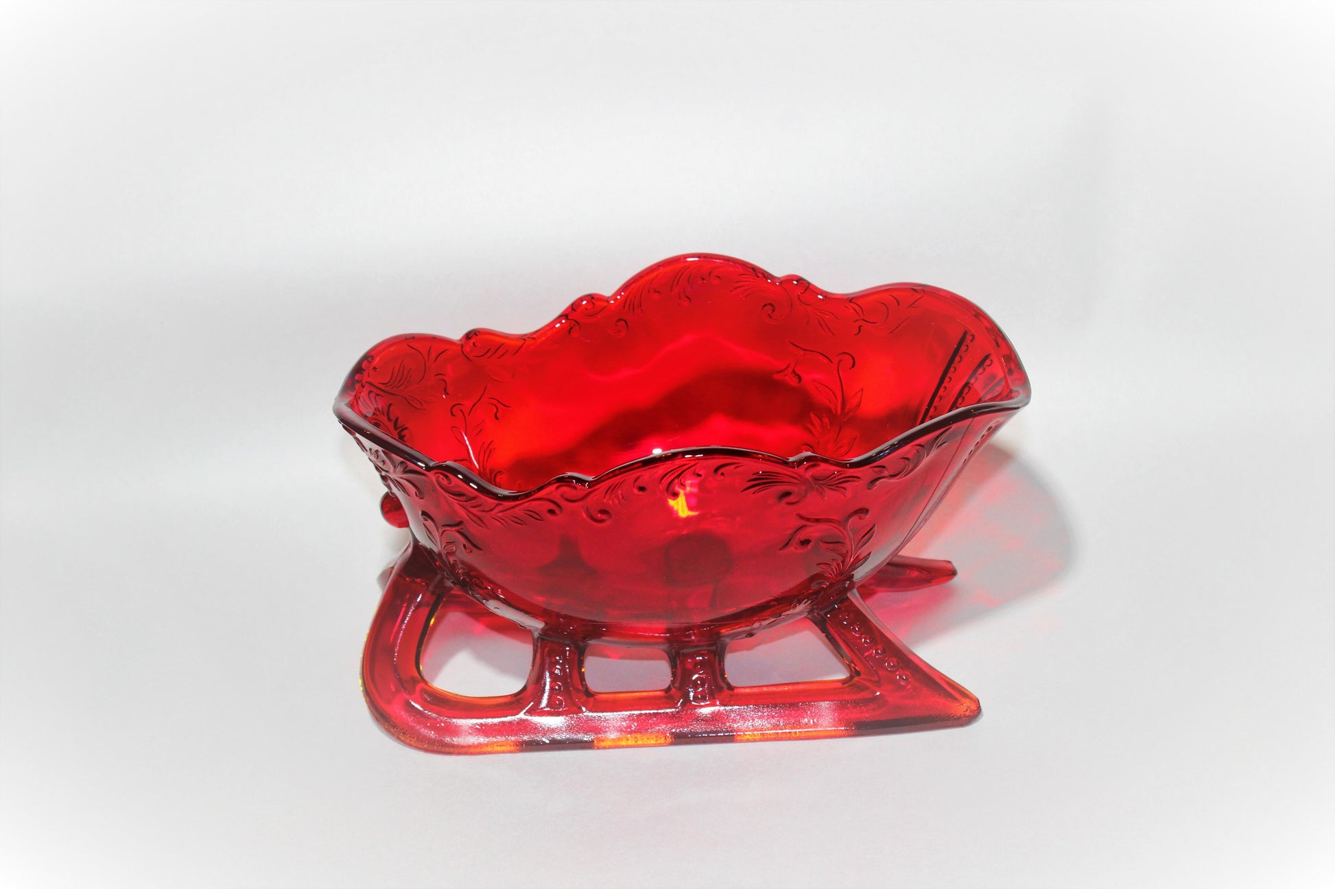 Mosser Glass Red Sleigh 9-1/4" Long by 6" Wide, Ruby Red Horse Drawn Sleigh