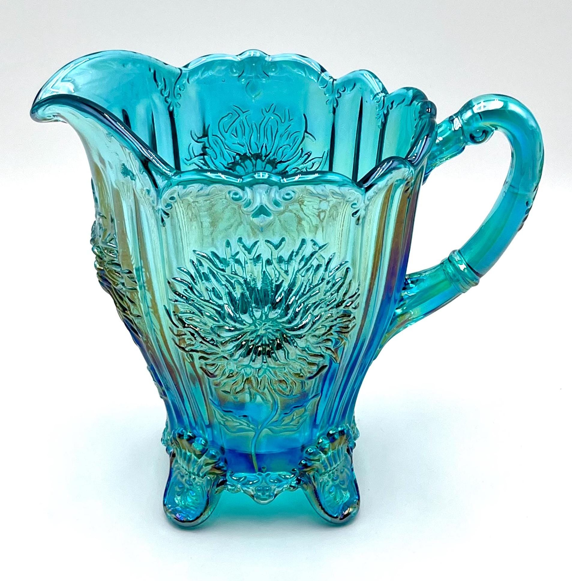 Dahlia Pitcher Teal Carnival by Mosser Glass 8" High and Holds 48 oz To The Rim