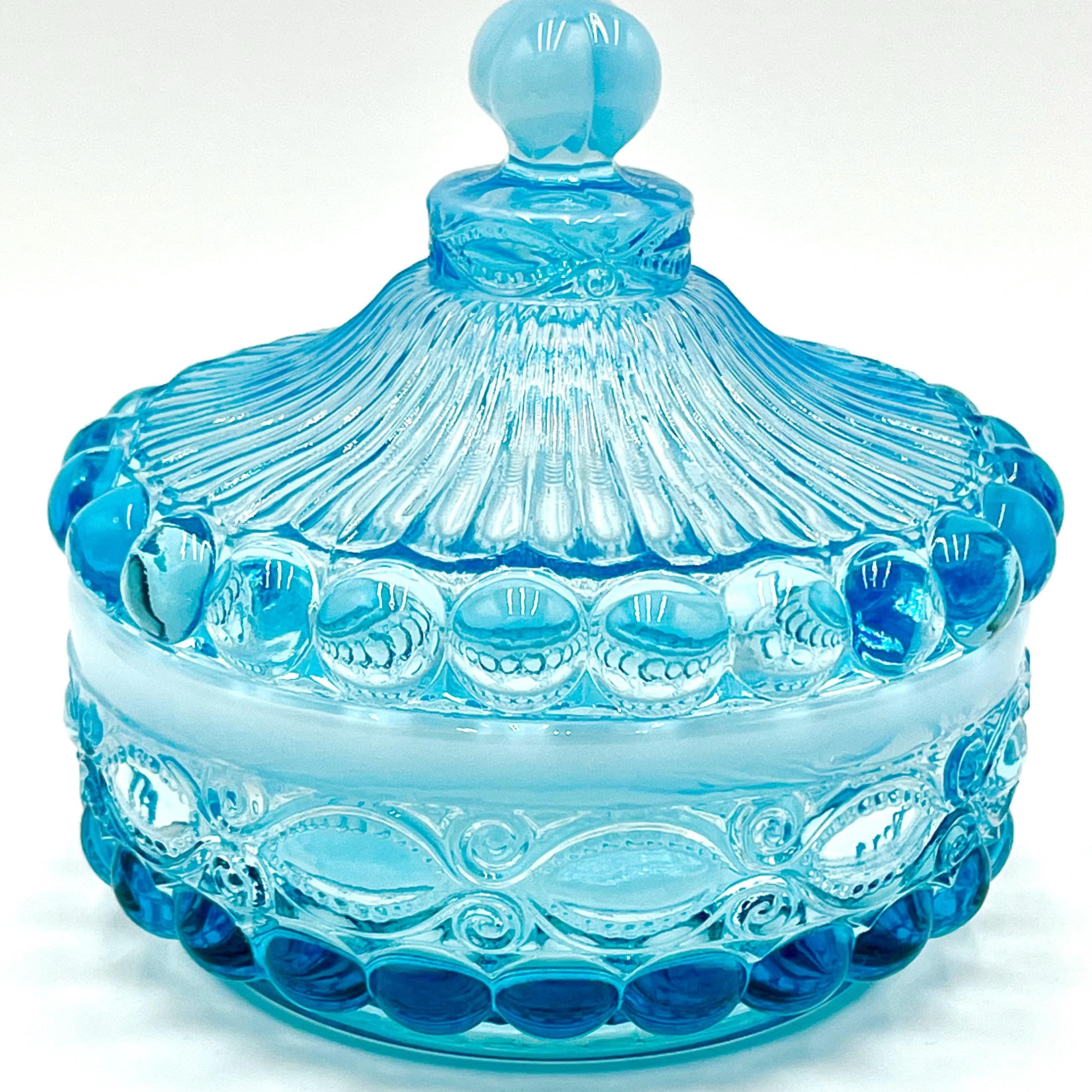 Mosser Glass Eye Winker Covered Candy or Nut Dish Blue Opal, Eye Winkler