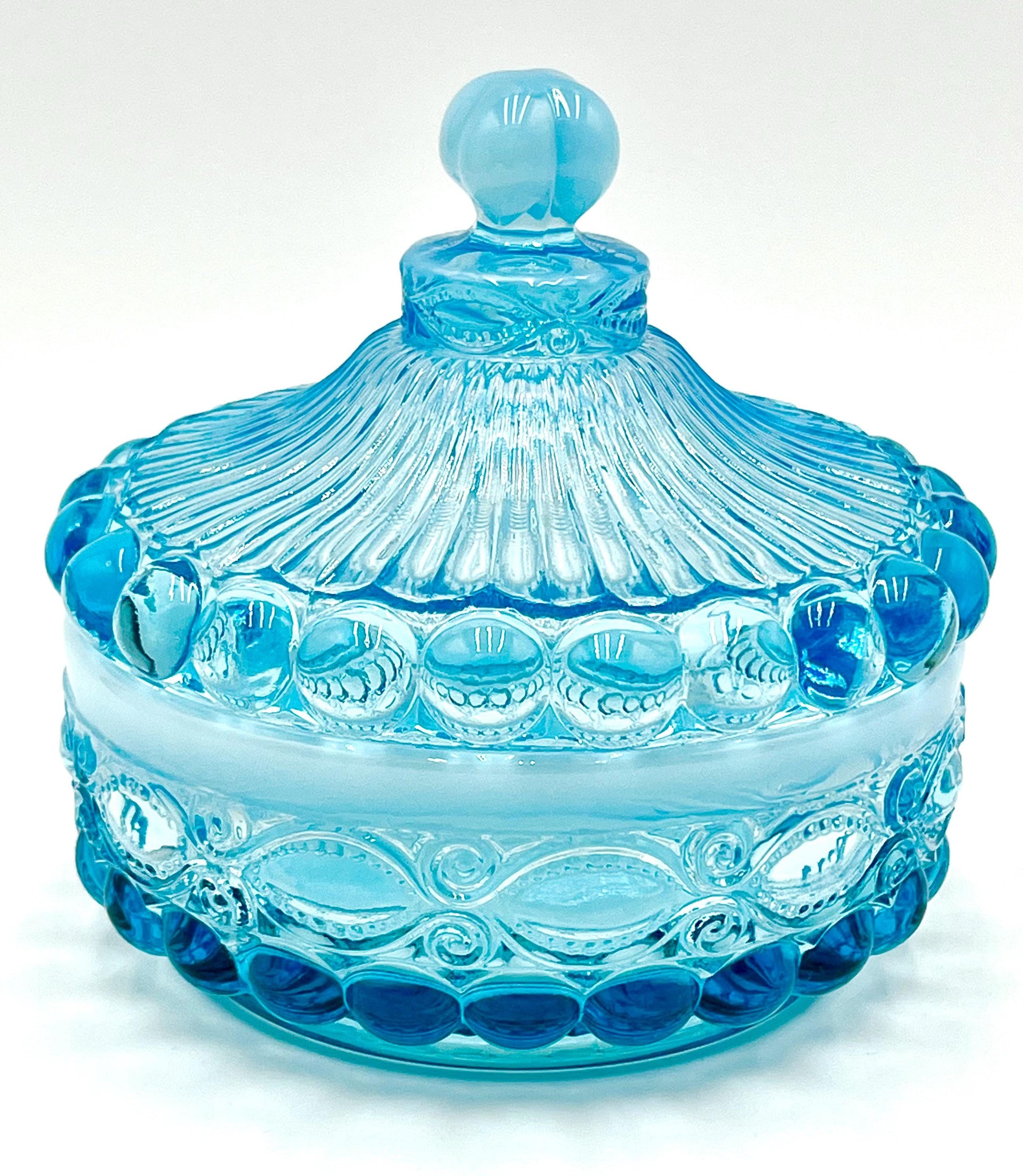 Mosser Glass Eye Winker Covered Candy or Nut Dish Blue Opal, Eye Winkler