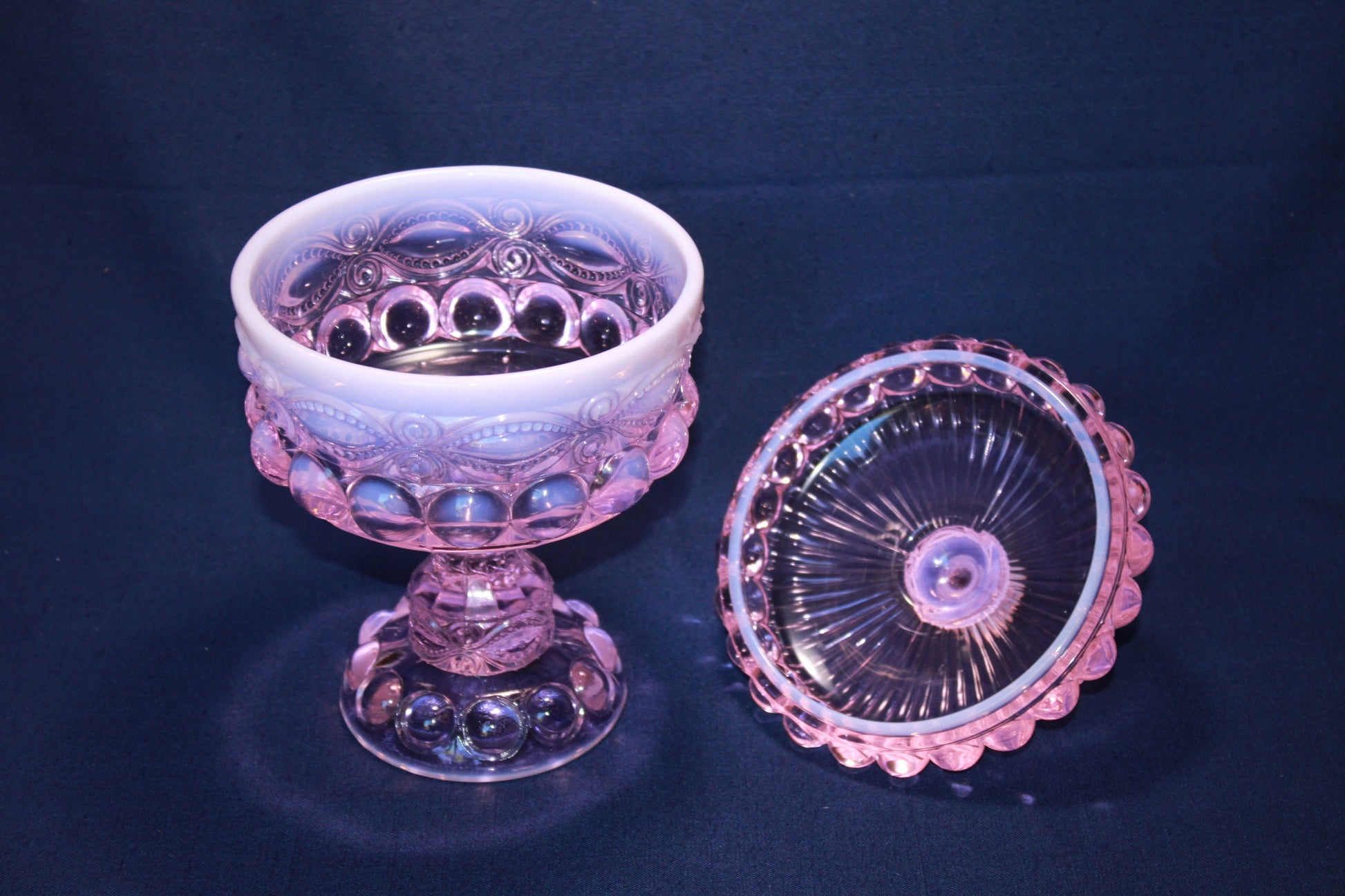 Mosser Glass Eye Winker Covered Candy Dish in Pink Opal, 10 1/4" High by 6" Wide, Comport or Footed Bowl