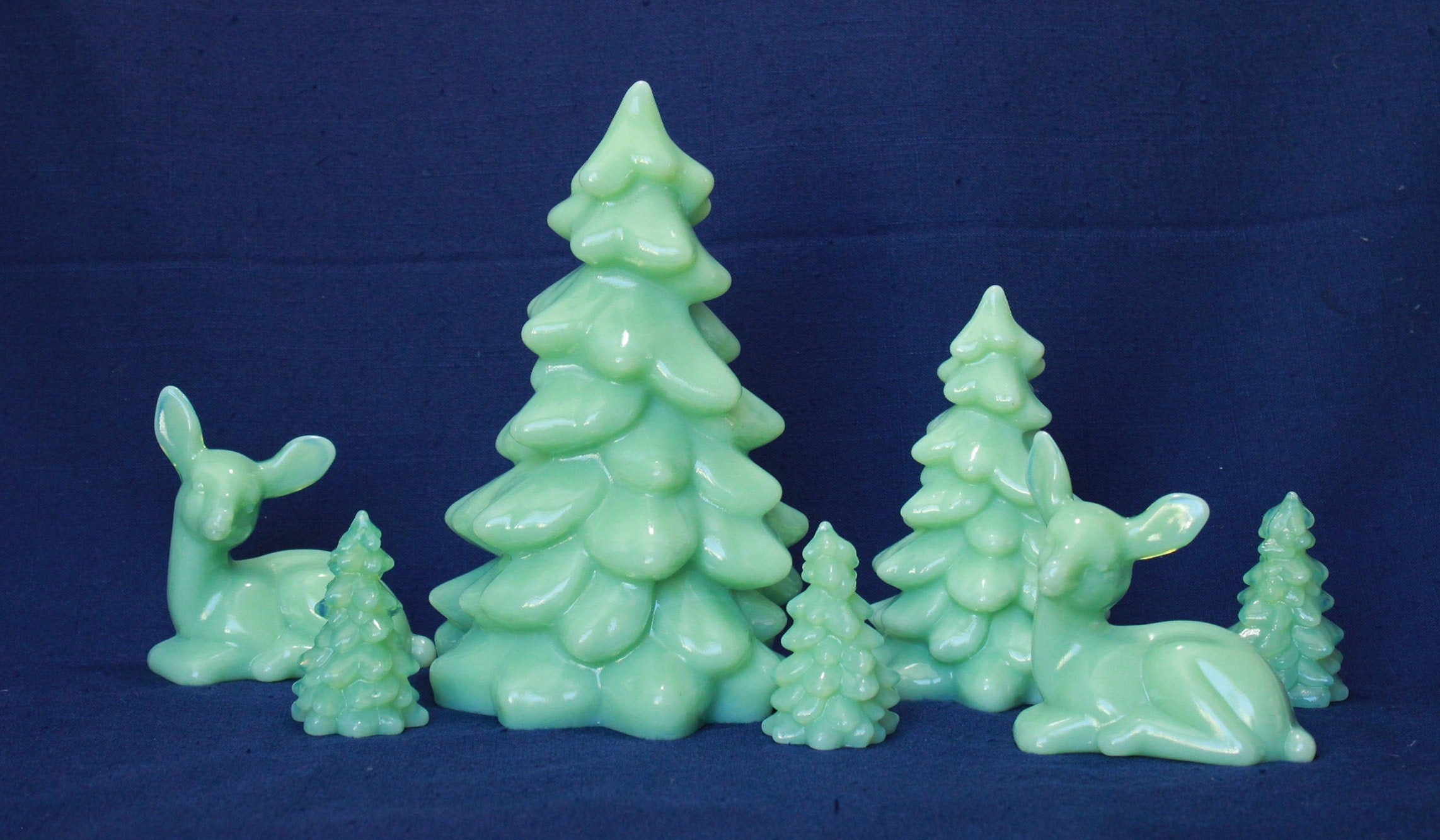JADEITE Trees and Deer, Set of 7 Pieces, 8" Tree, 5-1/2" Tree, (3) 2-1/2" Trees and Two Deer Hand Pressed Glass by Mosser Glass