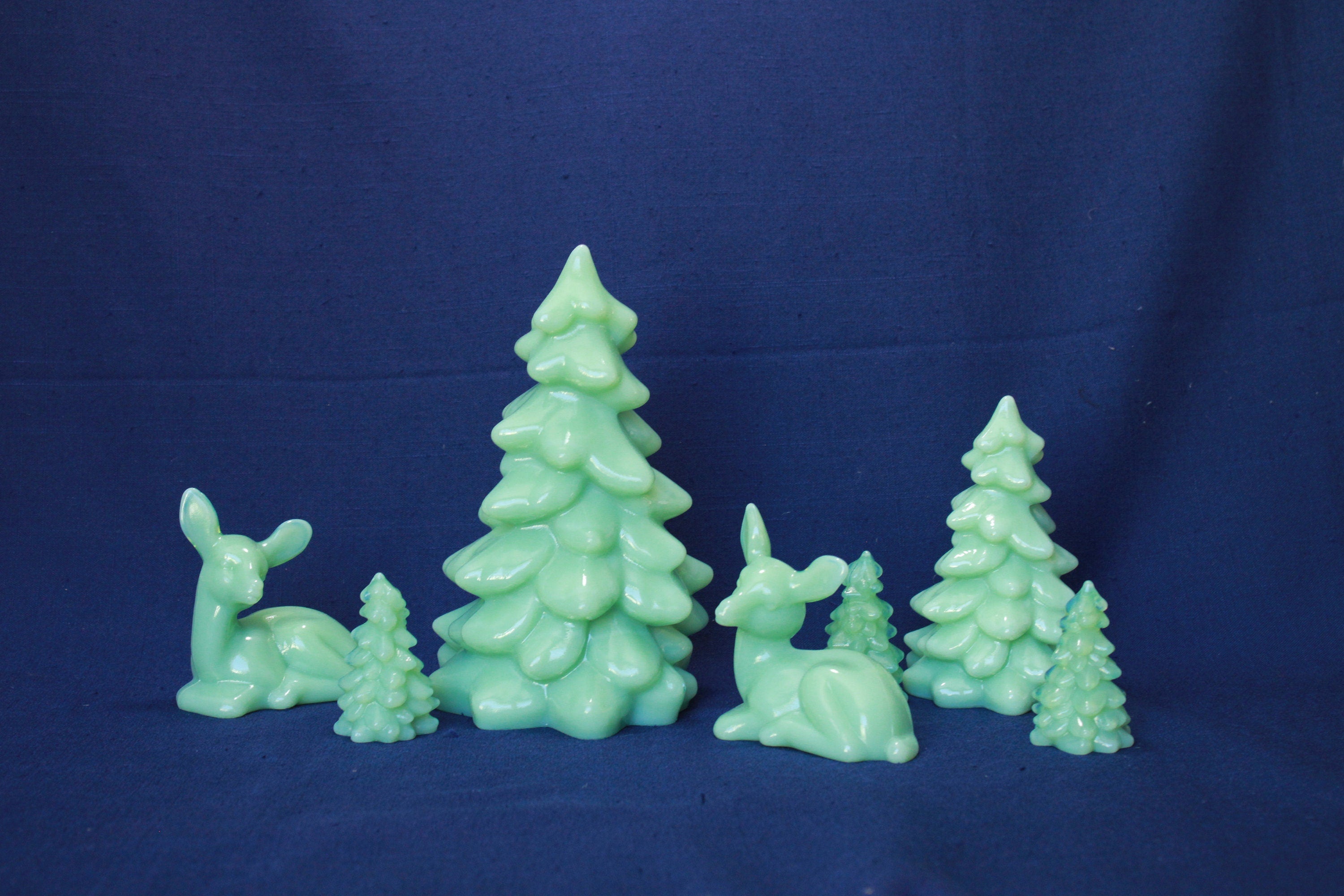 10 Pieces of JADEITE, Set of 7 Trees and Deer, Both Standing and Kneeling Santa, Jadeite Sleigh by Mosser Glass