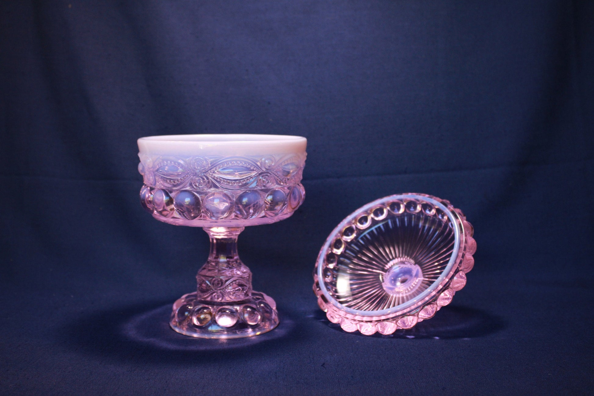 Mosser Glass Eye Winker Covered Candy Dish in Pink Opal, 10 1/4" High by 6" Wide, Comport or Footed Bowl