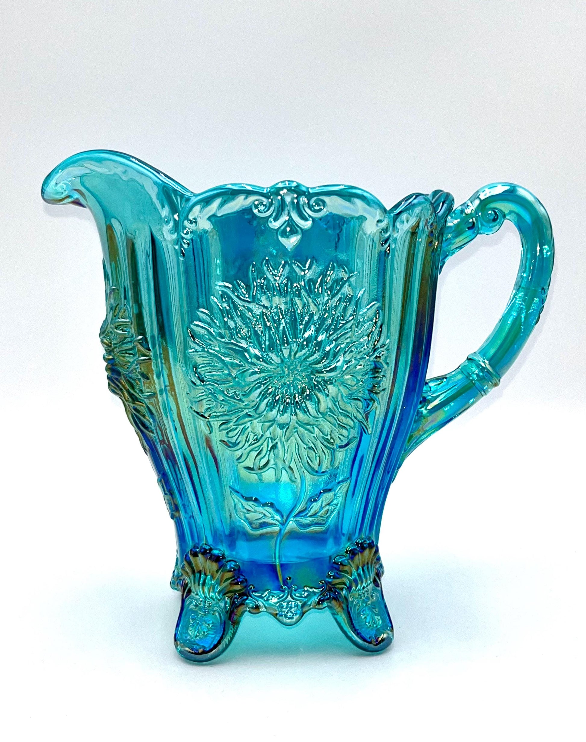 Dahlia Pitcher Teal Carnival by Mosser Glass 8" High and Holds 48 oz To The Rim