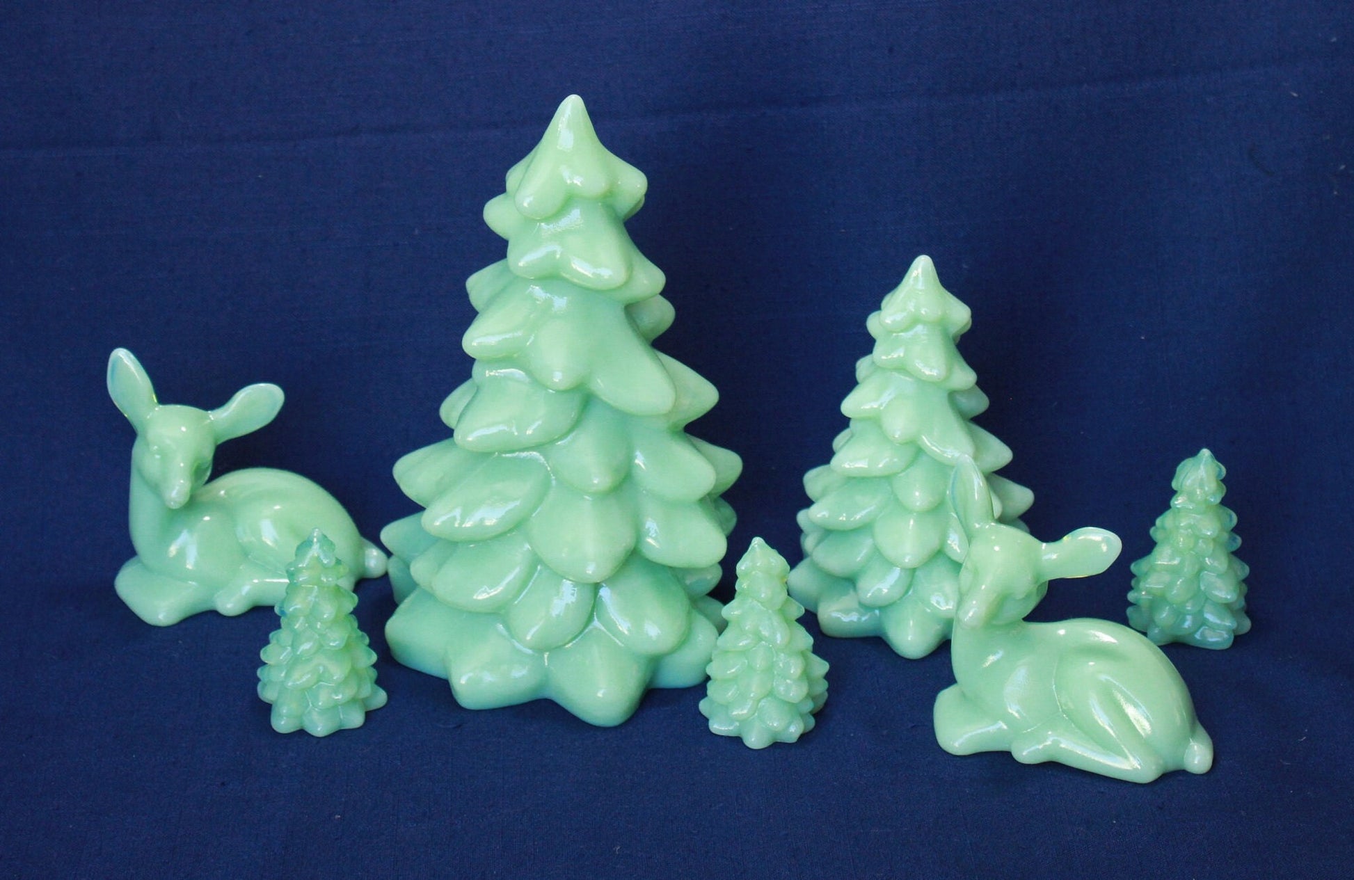 10 Pieces of JADEITE, Set of 7 Trees and Deer, Both Standing and Kneeling Santa, Jadeite Sleigh by Mosser Glass