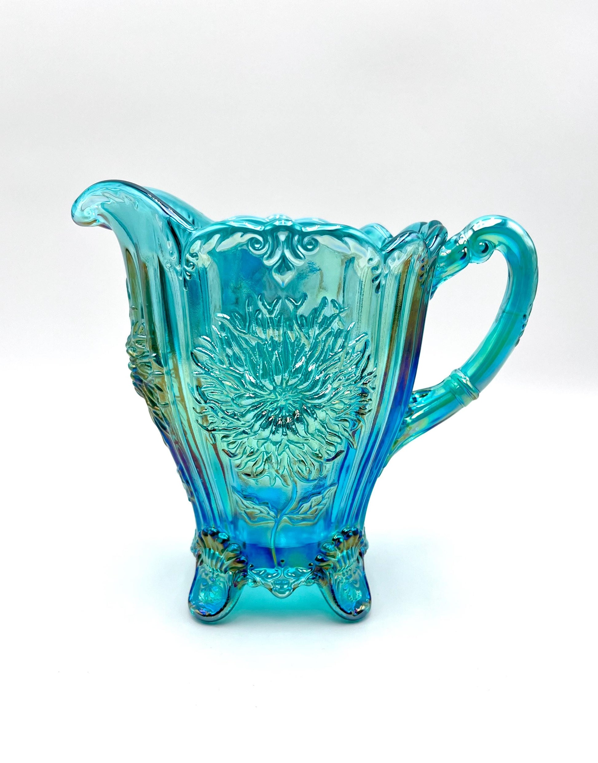 Dahlia Pitcher Teal Carnival by Mosser Glass 8" High and Holds 48 oz To The Rim