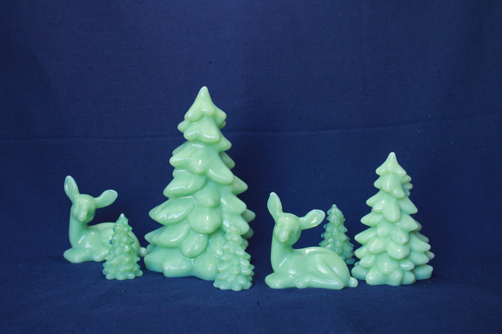 10 Pieces of JADEITE, Set of 7 Trees and Deer, Both Standing and Kneeling Santa, Jadeite Sleigh by Mosser Glass