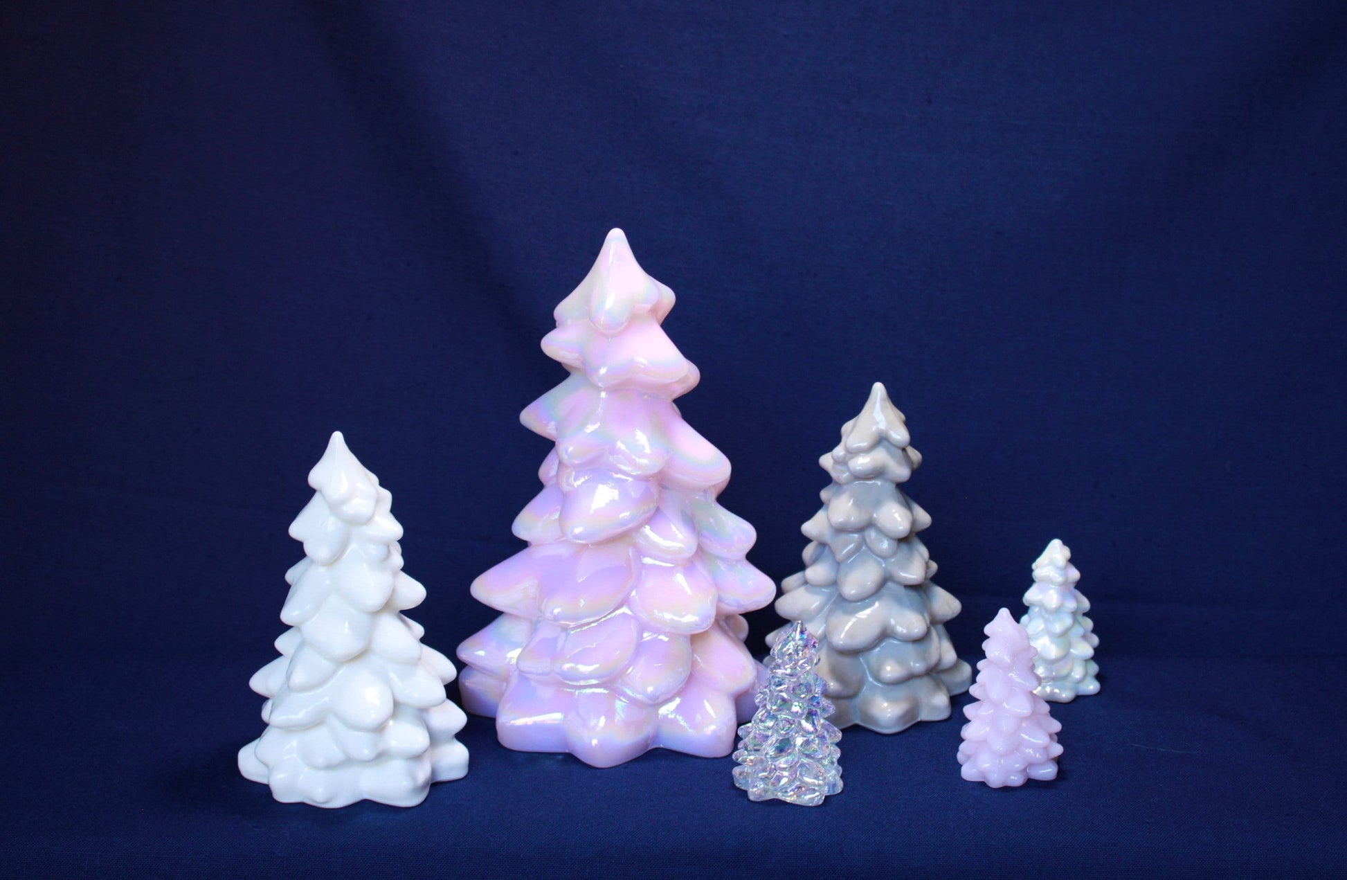 Mosser Glass Trees a Set of 6 Trees, 1 Large, 2 Medium and 3 Small Tree Collection Pressed Glass Pine Tree