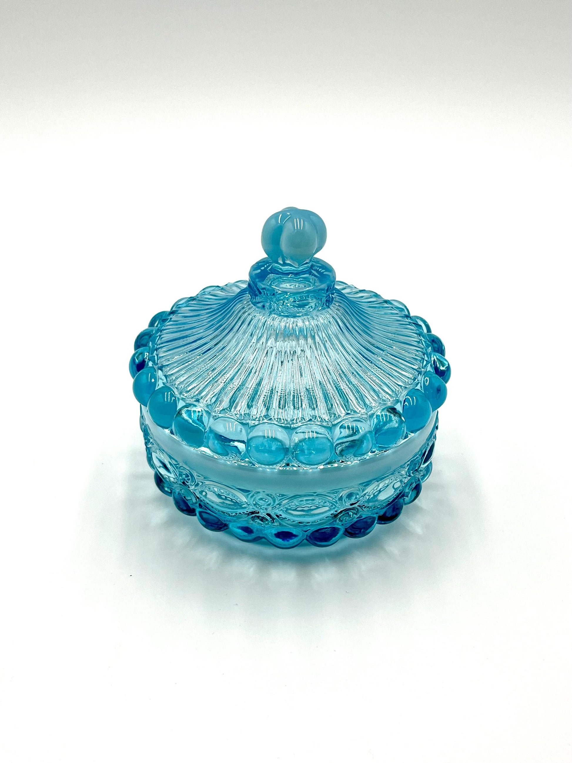 Mosser Glass Eye Winker Covered Candy or Nut Dish Blue Opal, Eye Winkler