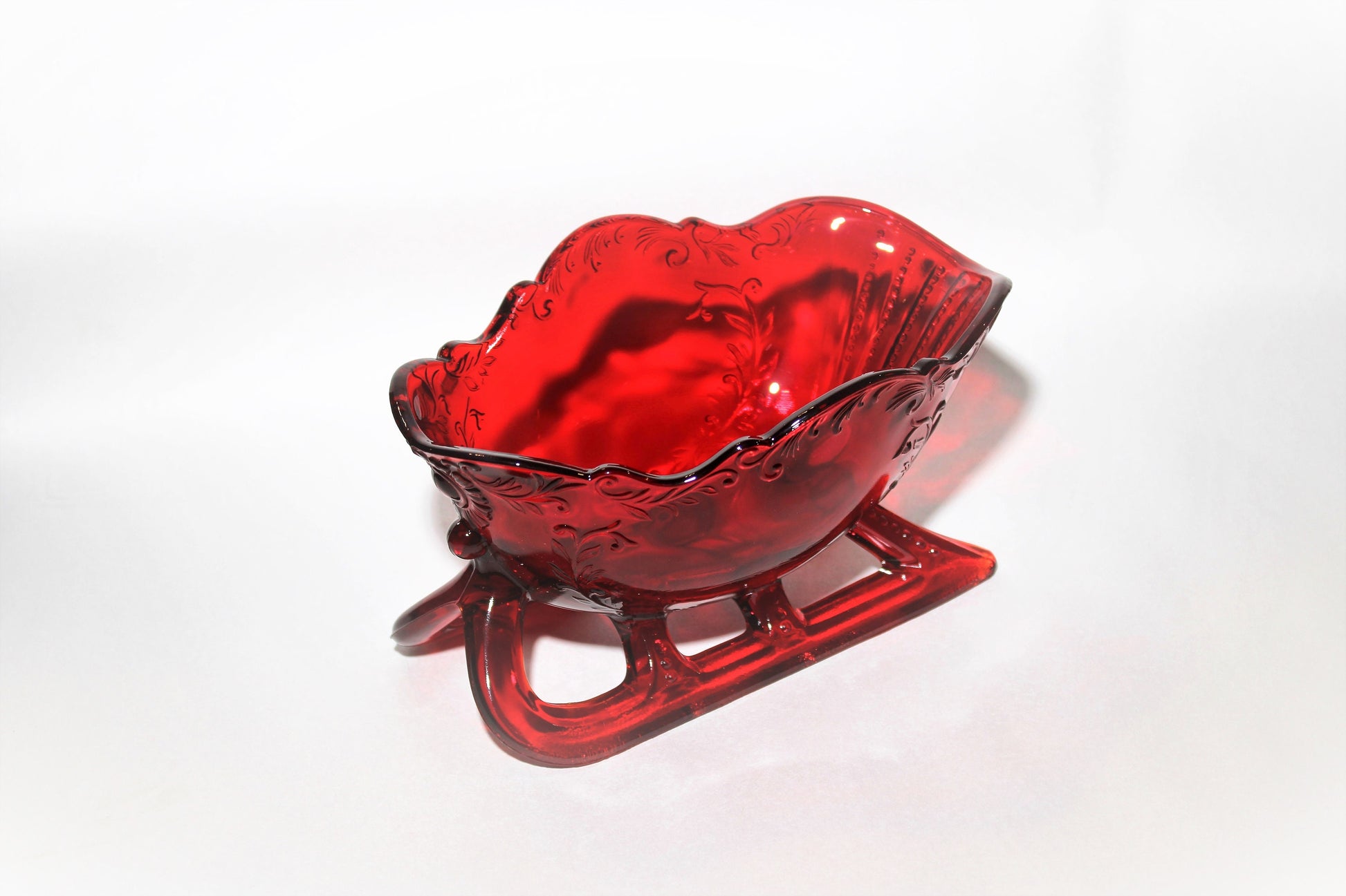 Mosser Glass Red Sleigh 9-1/4" Long by 6" Wide, Ruby Red Horse Drawn Sleigh