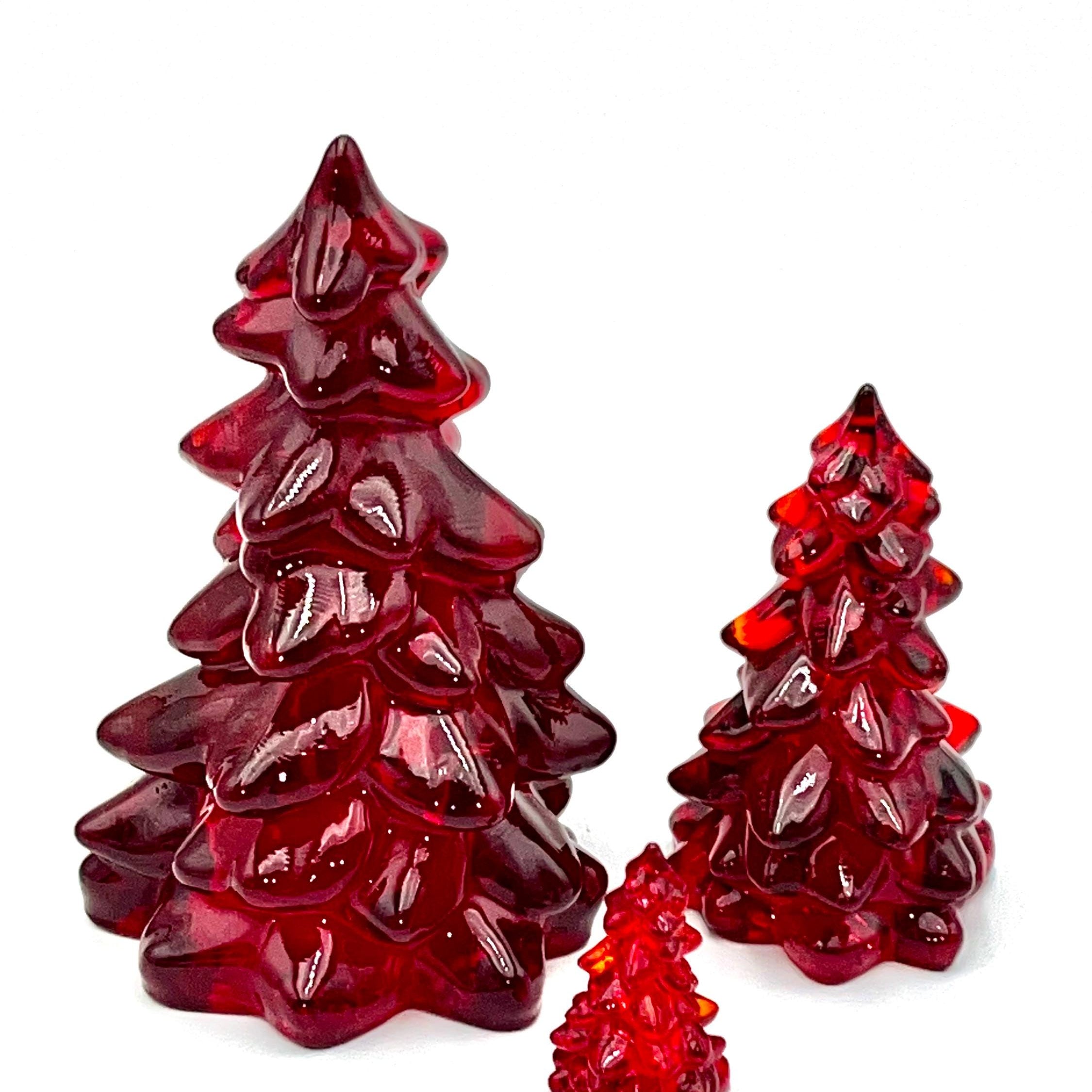 Mosser Red Trees, Set of 3 Trees, 8" Tree, 5-1/2" and 2-1/2" Hand Pressed Glass Pine Tree