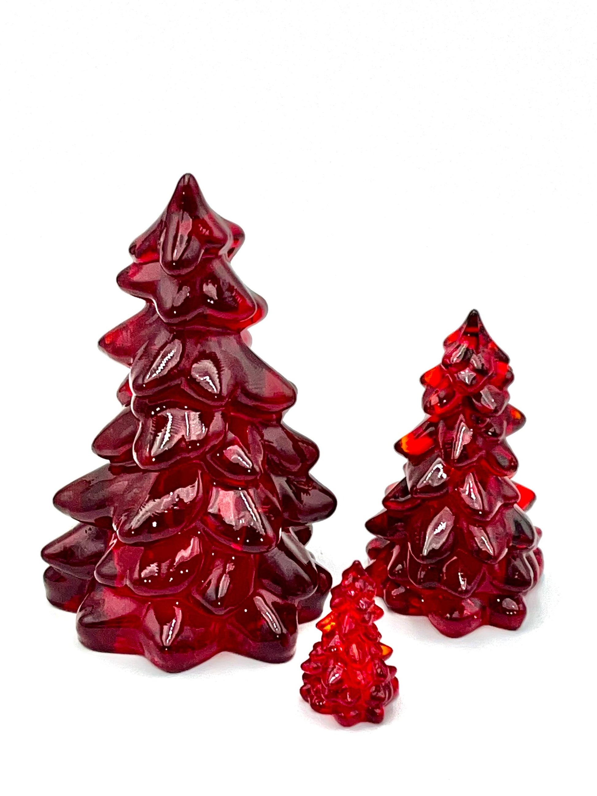 Mosser Red Trees, Set of 3 Trees, 8" Tree, 5-1/2" and 2-1/2" Hand Pressed Glass Pine Tree