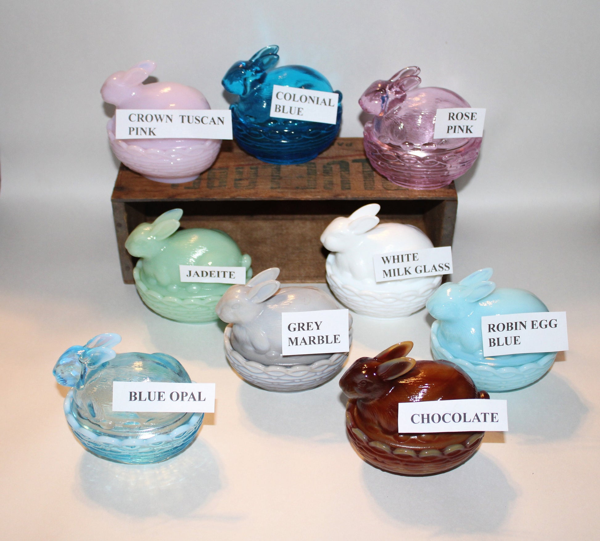 Mosser Bunny Covered Dish, 3-3/4" High 4" Long, Choice of Colors: Jadeite, Milk Glass, Purple, Pink, Teal, Eggplant