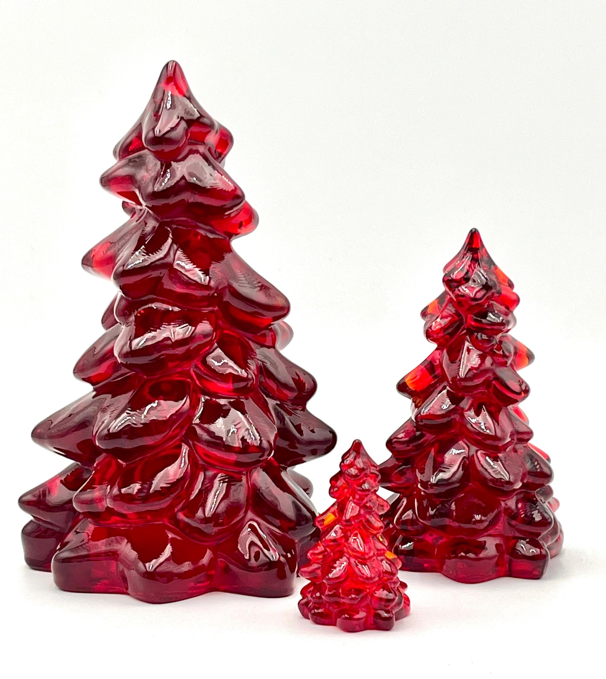Mosser Red Trees, Set of 3 Trees, 8" Tree, 5-1/2" and 2-1/2" Hand Pressed Glass Pine Tree