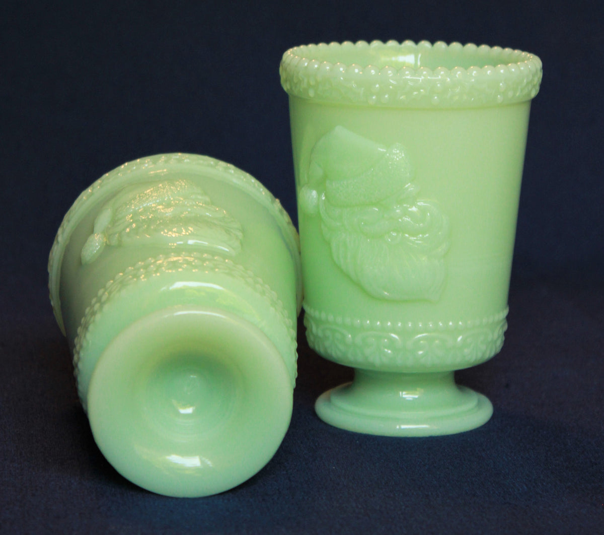 Jadeite Santa Glasses by Mosser Glass YOUR CHOICE of a Single or Set of 2 Tumblers, 8 oz Cup 4 1/2" High 3 1/4" Wide