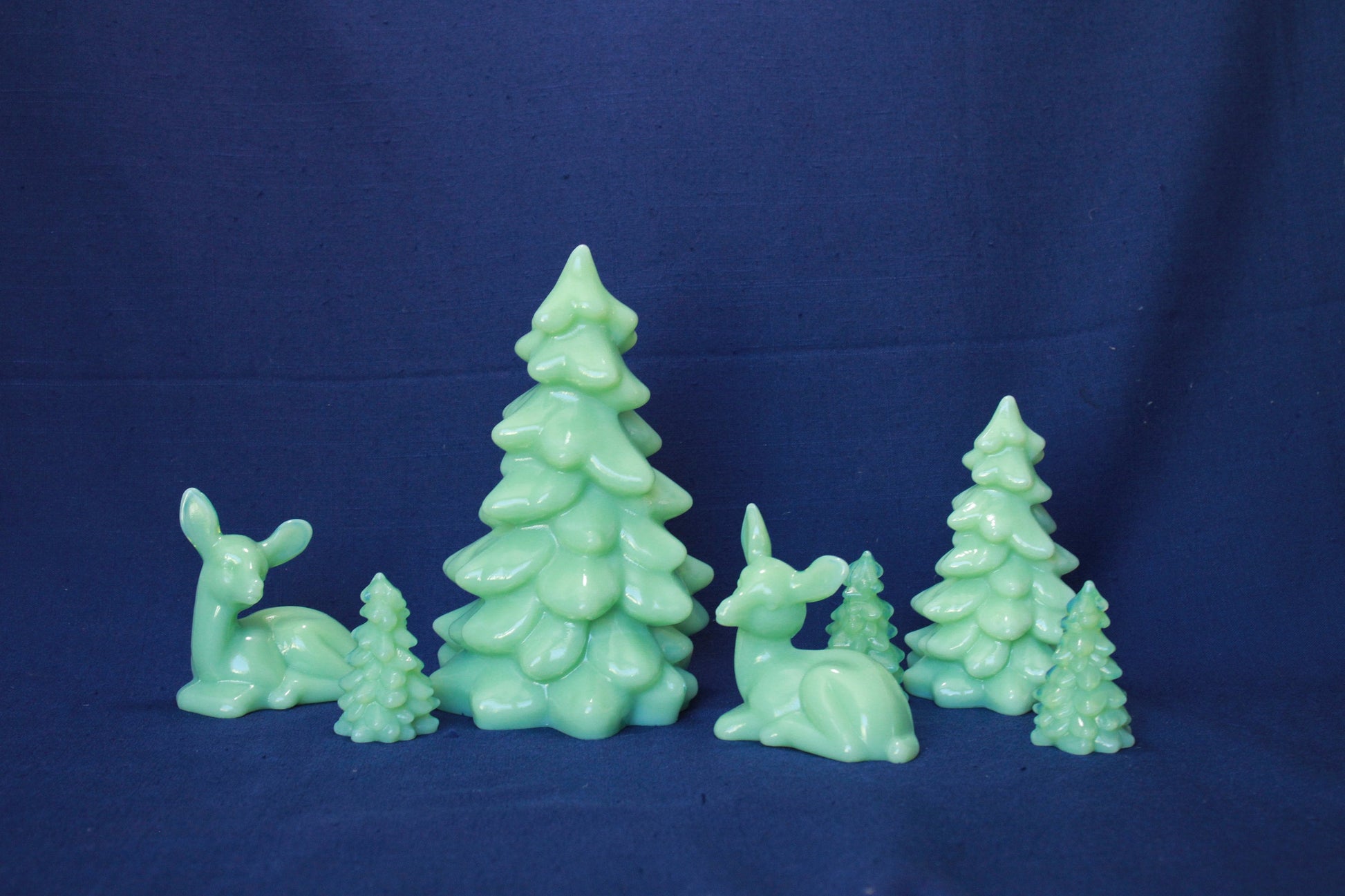JADEITE Trees and Deer, Set of 7 Pieces, 8" Tree, 5-1/2" Tree, (3) 2-1/2" Trees and Two Deer Hand Pressed Glass by Mosser Glass
