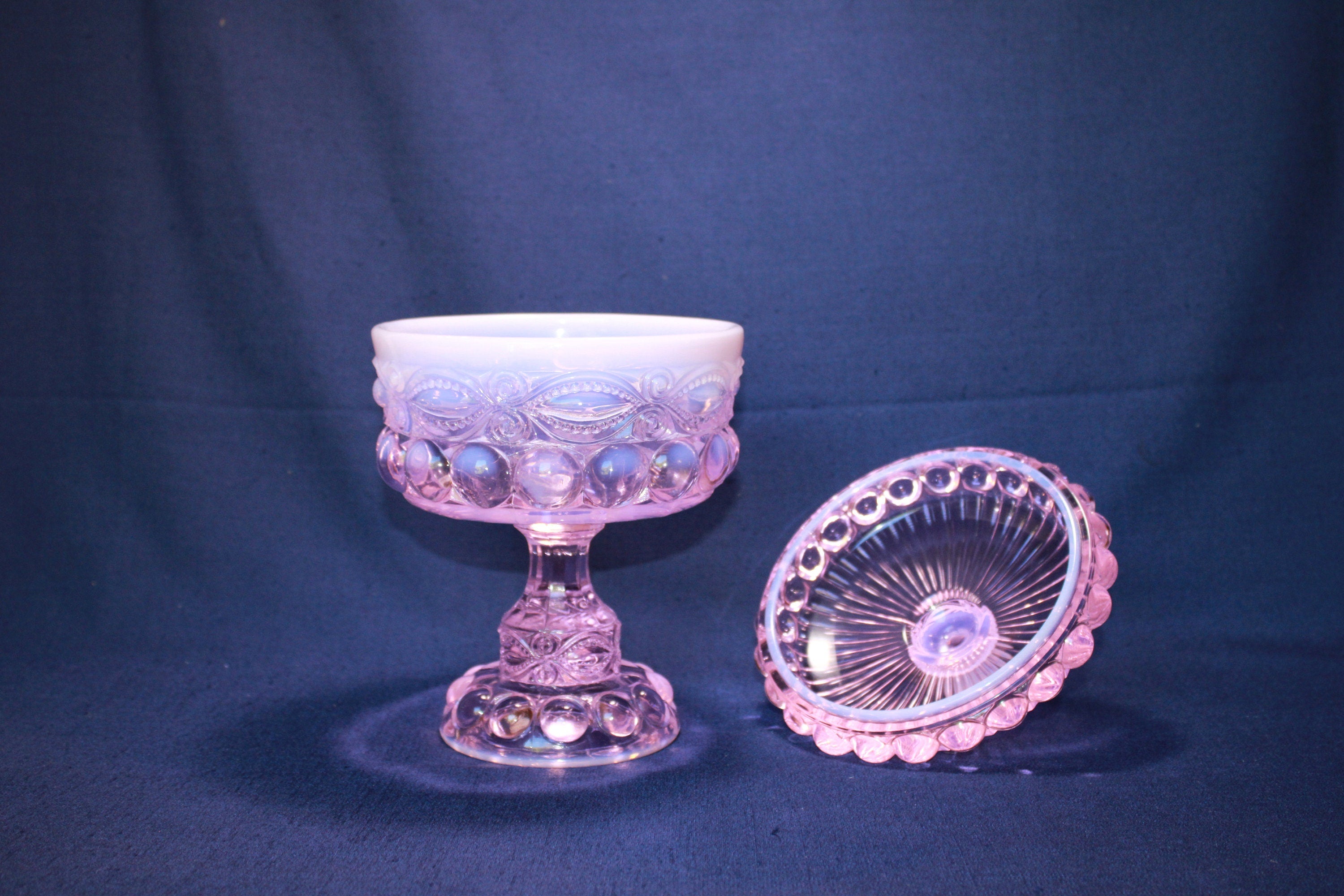 Mosser Glass Eye Winker Covered Candy Dish in Pink Opal, 10 1/4" High by 6" Wide, Comport or Footed Bowl