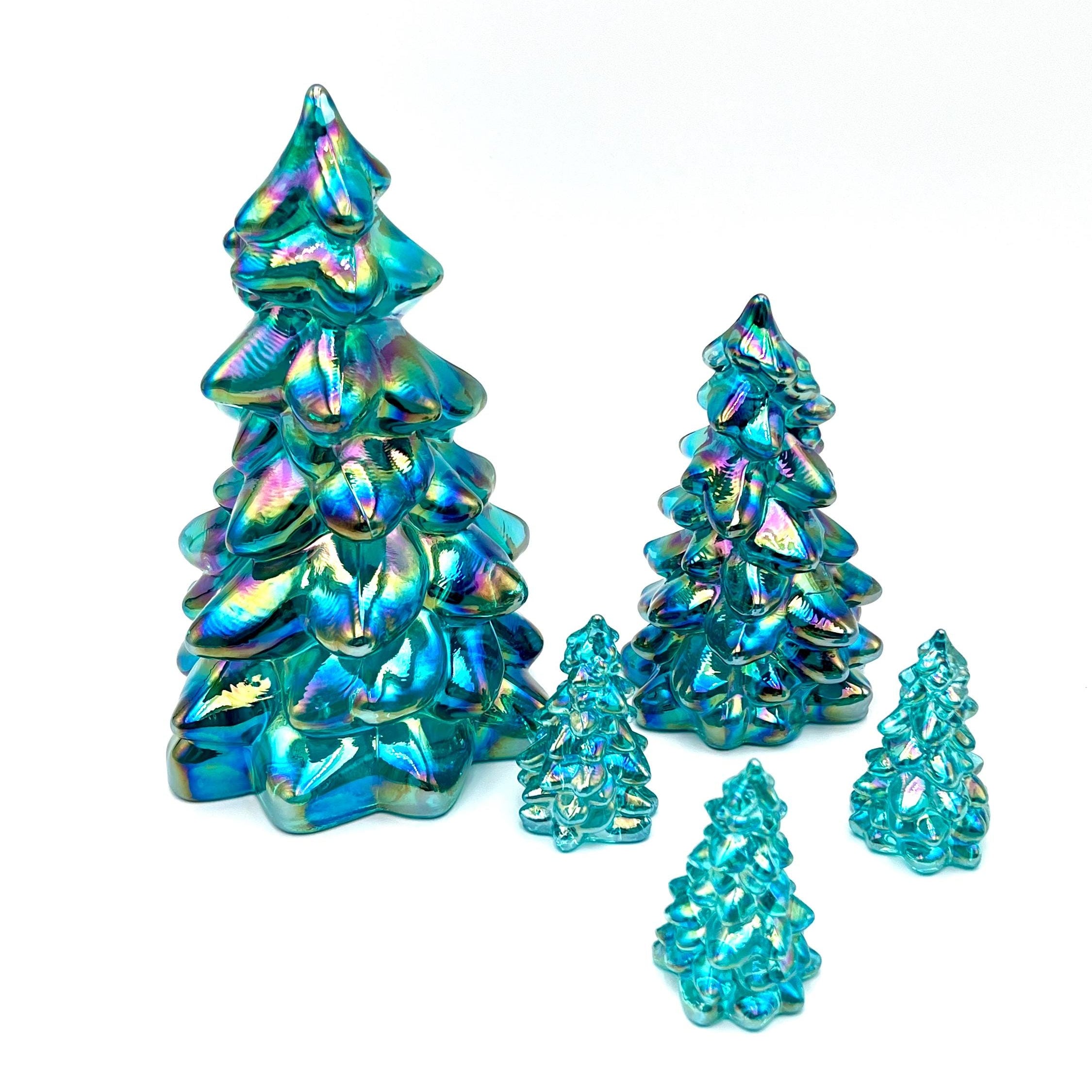 Mosser Glass Trees Teal Carnival Set of 5 Trees, 1 Large, 1 Medium and 3 Small Tree Collection Pressed Glass Pine Tree